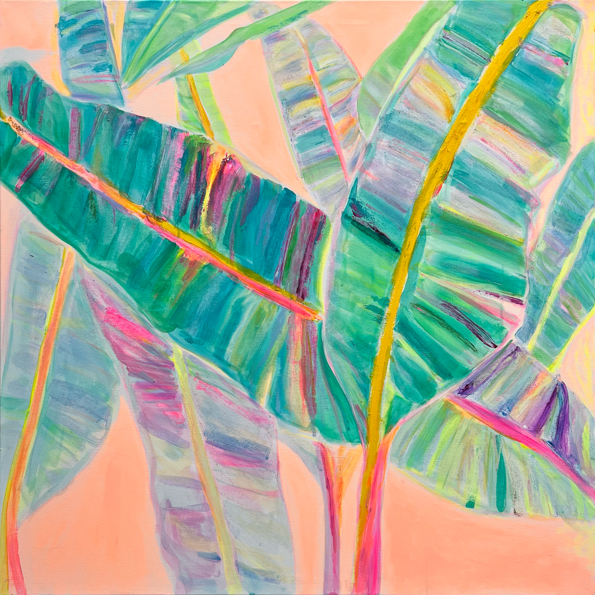 Colorful rainbow banana leaves paper print by Kathryn Sillince Artist, featuring vibrant tropical leaf artwork.