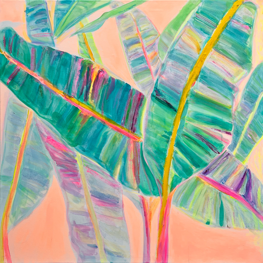 Colorful rainbow banana leaves paper print by Kathryn Sillince Artist, featuring vibrant tropical leaf artwork.