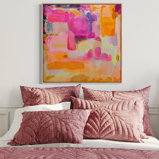 Kathryn Sillince Artist's "Sunbeams and Daydreams" 92cm x 92cm abstract painting with vibrant sunlit and dreamy colors.