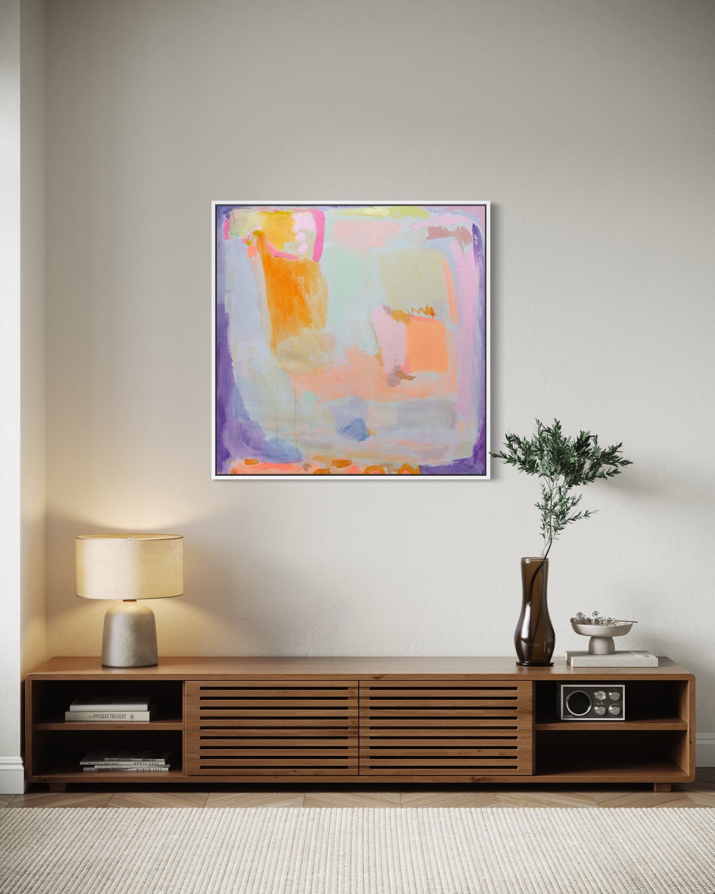 Abstract orange and purple haze artwork by Kathryn Sillince, 92cm x 92cm, featuring vibrant colors and textured brushstrokes.