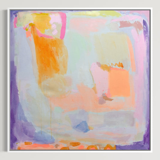Colorful abstract painting by Kathryn Sillince featuring orange and purple haze in a 92cm x 92cm canvas.