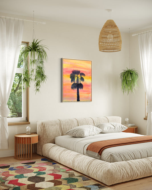 Sunset Solitude art print by Kathryn Sillince, 66cm by 81cm, featuring a serene sunset scene with vibrant colors and peaceful landscape.