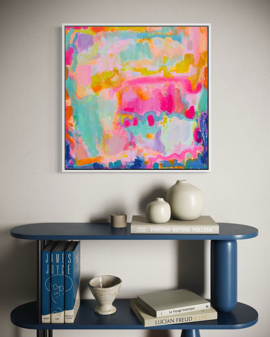Kathryn Sillince Artist Summer Loving 80cm x 80cm colorful abstract artwork on canvas.
