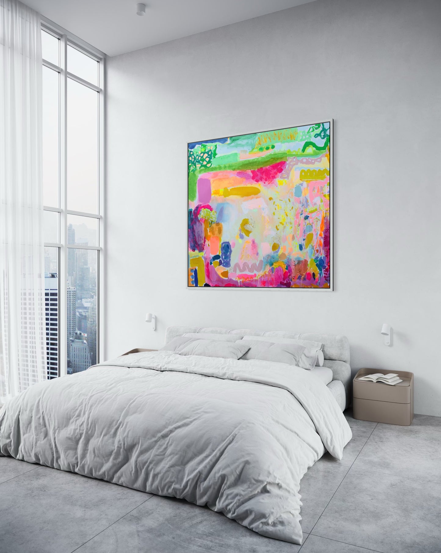 Colorful abstract artwork by Kathryn Sillince Artist, titled "The Time Of Our Lives," measuring 122cm square.