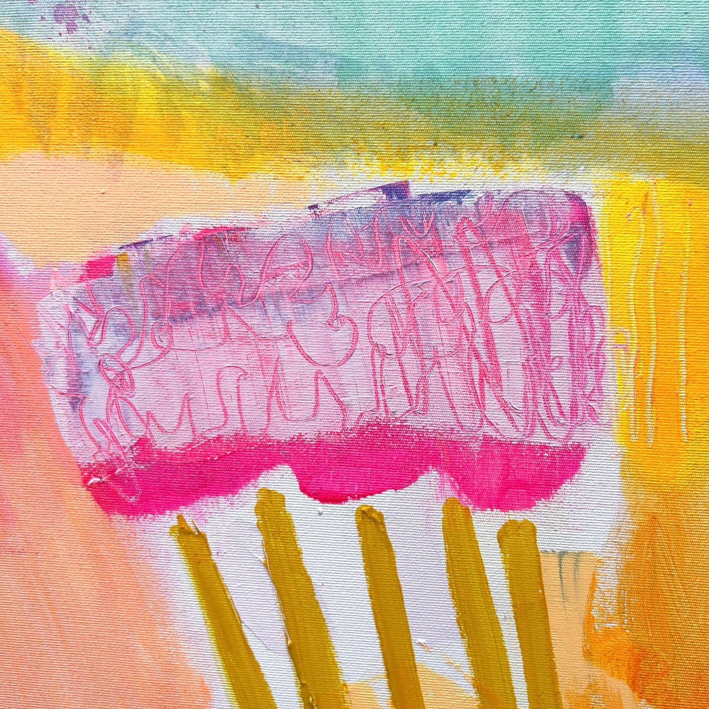 Kathryn Sillince Artist's 'Zenith of Summer' 80cm x 80cm abstract painting with vibrant, warm colors and dynamic brushstrokes.