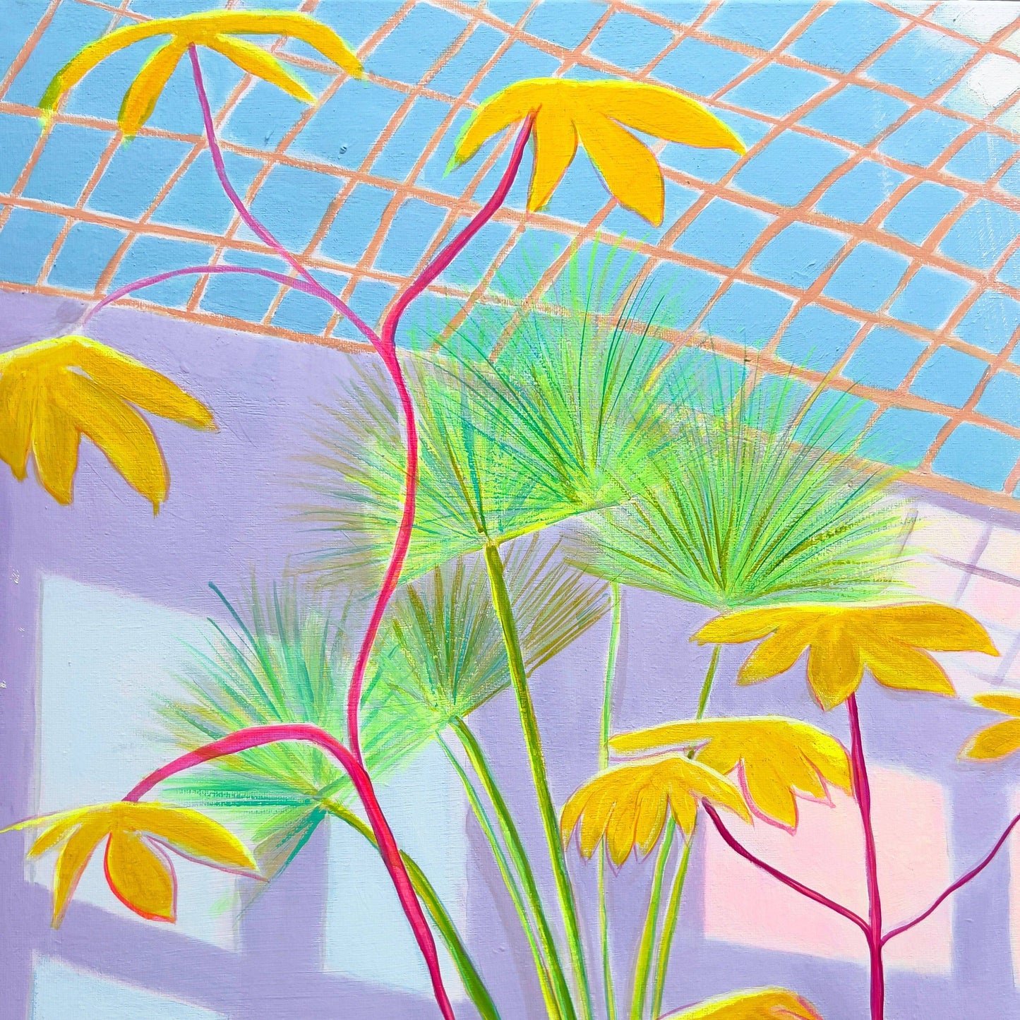 Abstract botanical painting with bright yellow flowers, fine green leaves, and a blue grid background by Kathryn Sillince