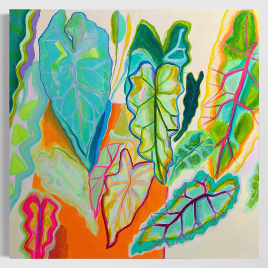 Abstract botanical painting with vibrant turquoise, green, orange, and pink leaves by Kathryn Sillince