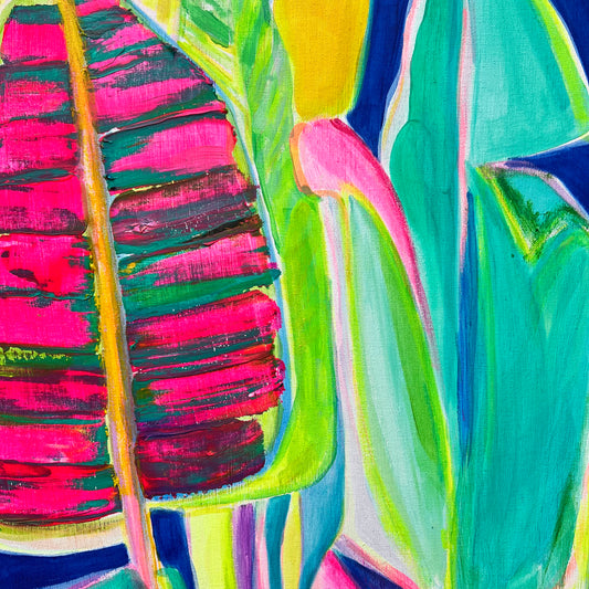 Colorful paper print of a banana in shades of blue by Kathryn Sillince Artist, showcasing vibrant, artistic botanical artwork.