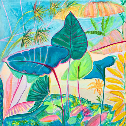 Colorful botanical abstract painting by Kathryn Sillince featuring large tropical leaves in blue, green, and yellow with pink accents