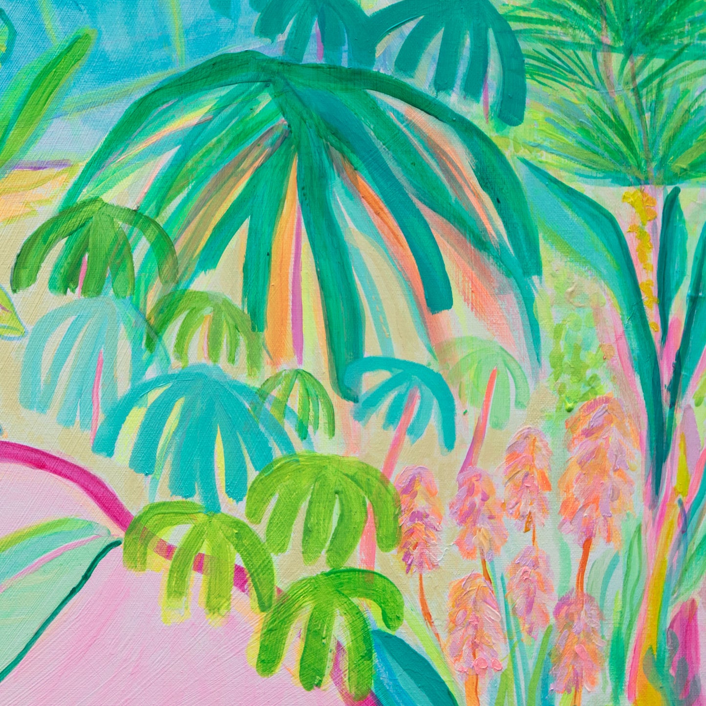 Colorful tropical scene with palm leaves and flowers