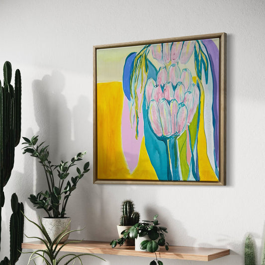 'Teal and Yellow Banana Study' 51cm x 51cm - Kathryn Sillince Artist