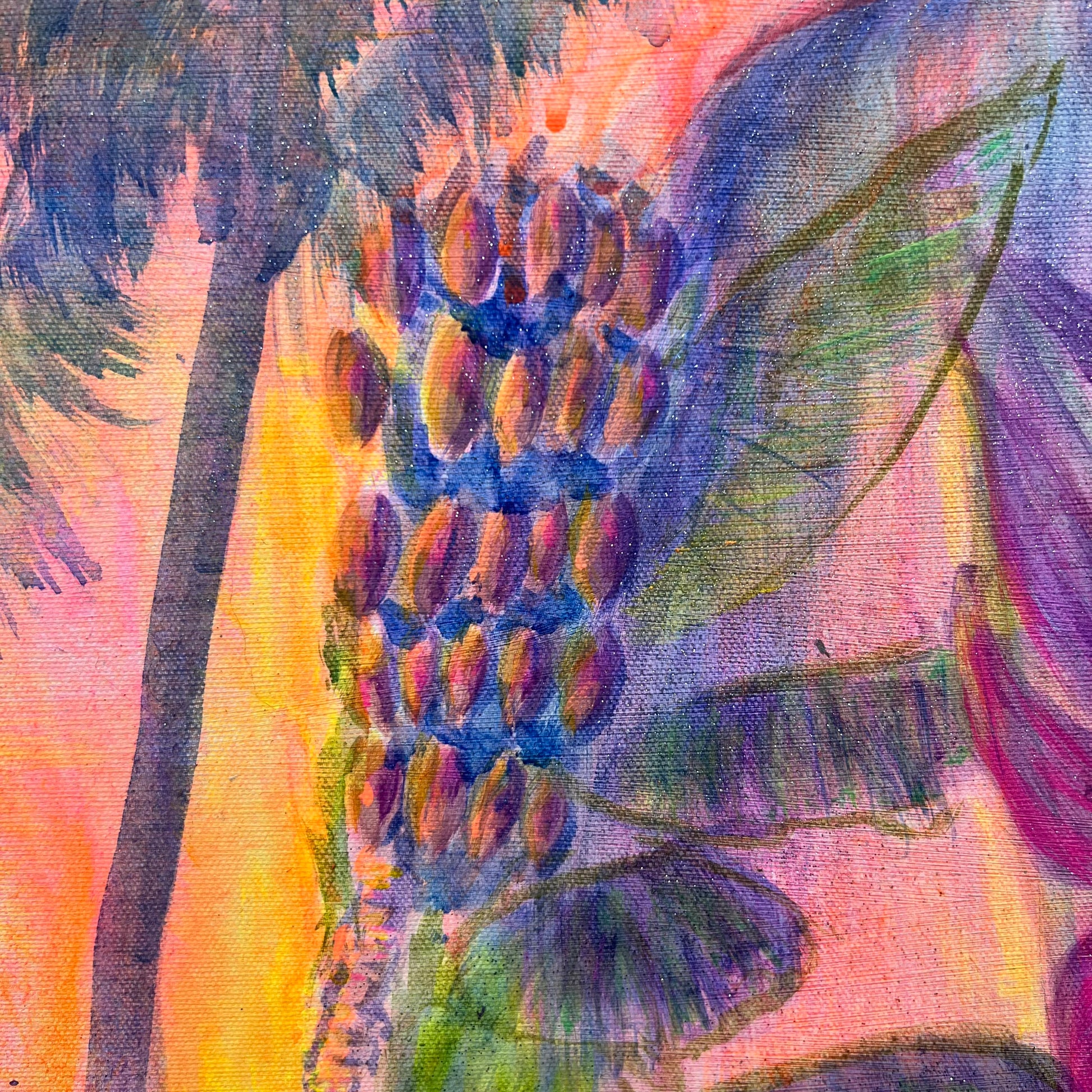 Colorful paper print titled "Twilight Tropics" by Kathryn Sillince Artist, featuring vibrant tropical scene artwork.
