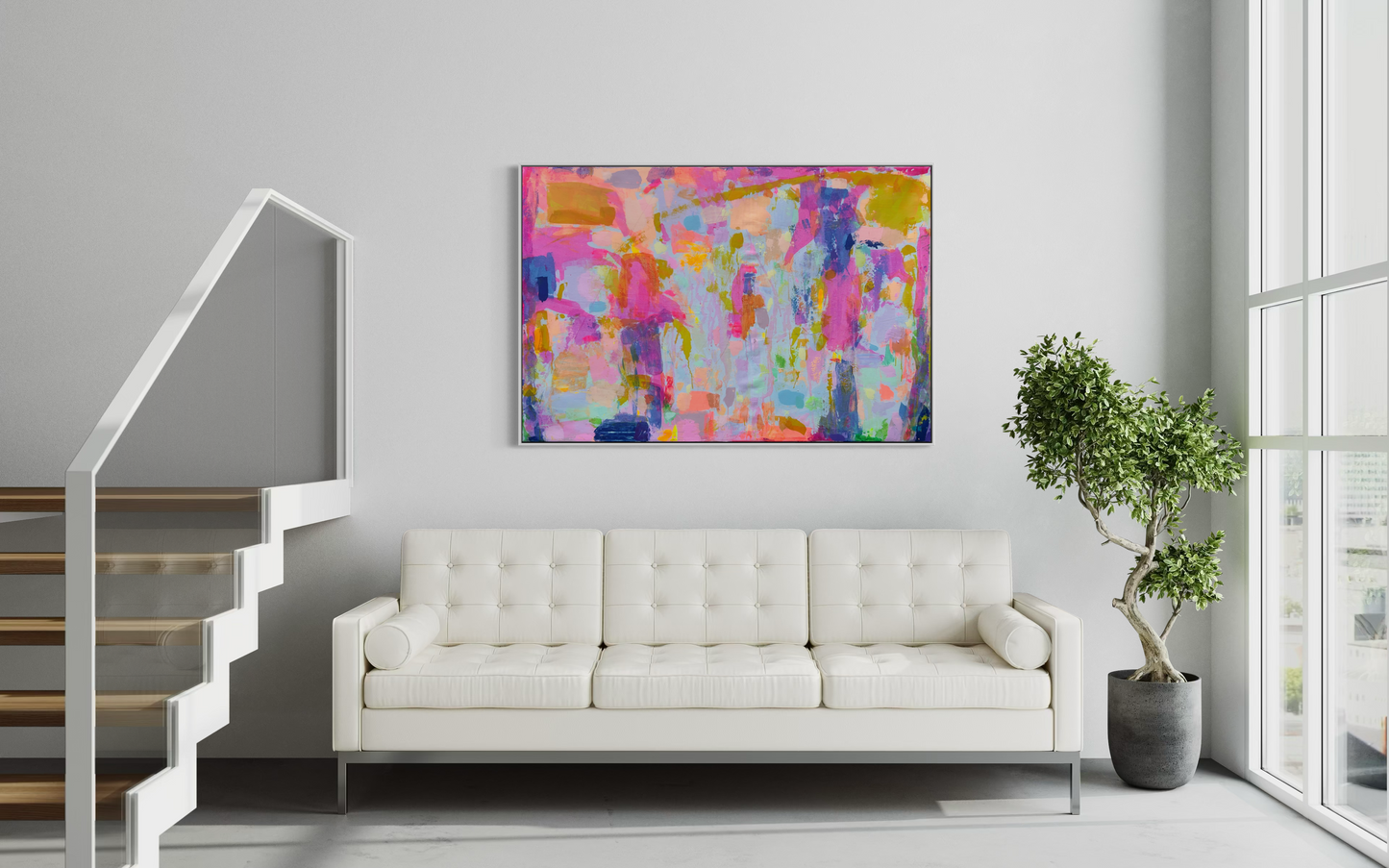 Colorful landscape painting titled “Everyday Happiness” by Kathryn Sillince, measures 153cm by 103cm, featuring vibrant natural scenery.