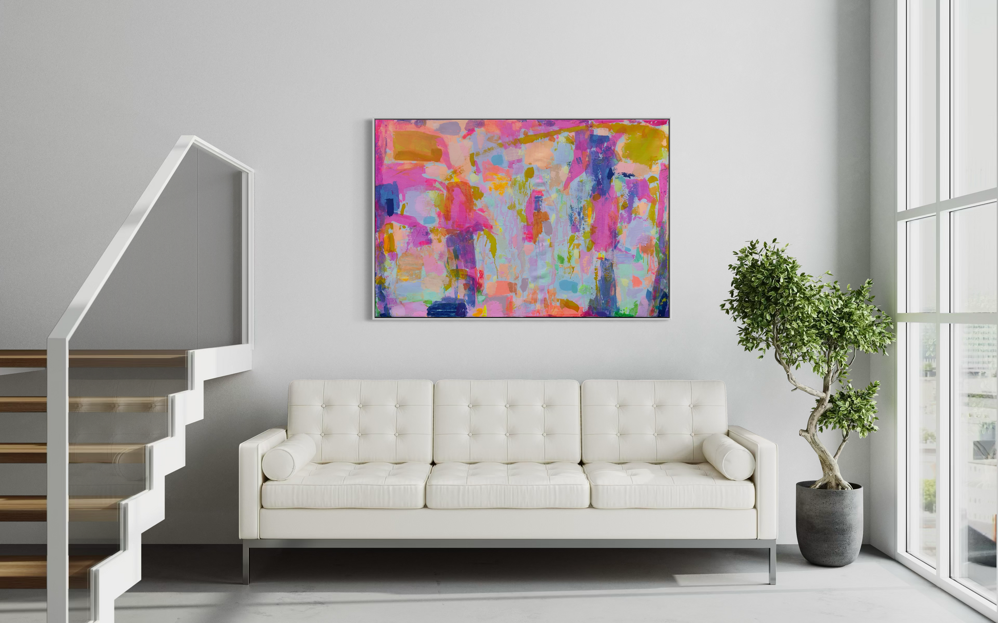 Colorful landscape painting titled “Everyday Happiness” by Kathryn Sillince, measures 153cm by 103cm, featuring vibrant natural scenery.