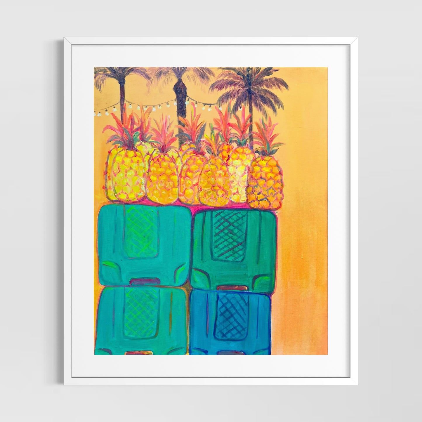 Colorful paper print of ananas by Kathryn Sillince, featuring vibrant tropical fruit in a modern art style.