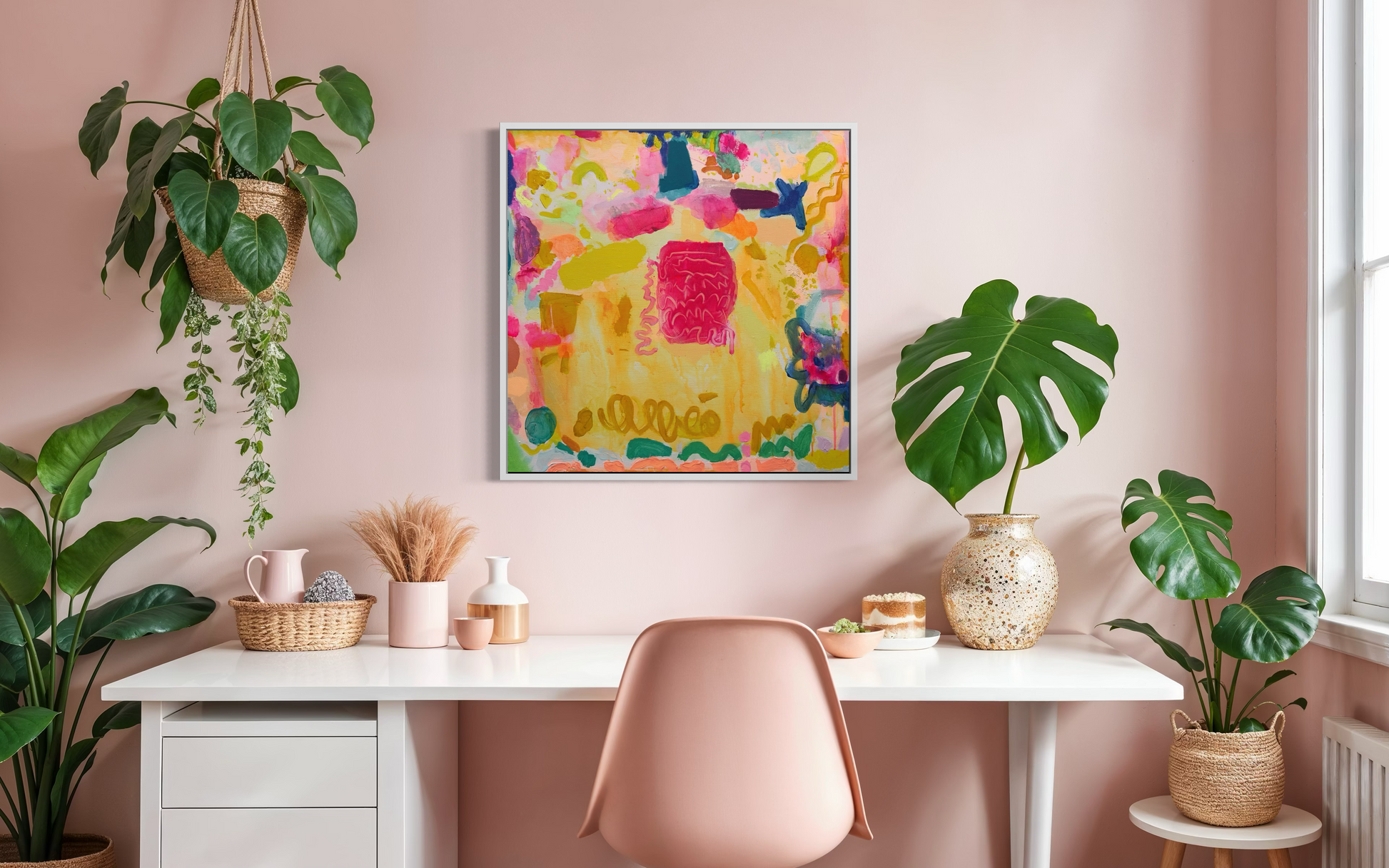 Colorful abstract art print titled “Sweeties” by Kathryn Sillince, 61cm x 61cm, featuring vibrant, playful brushstrokes and bold colors.