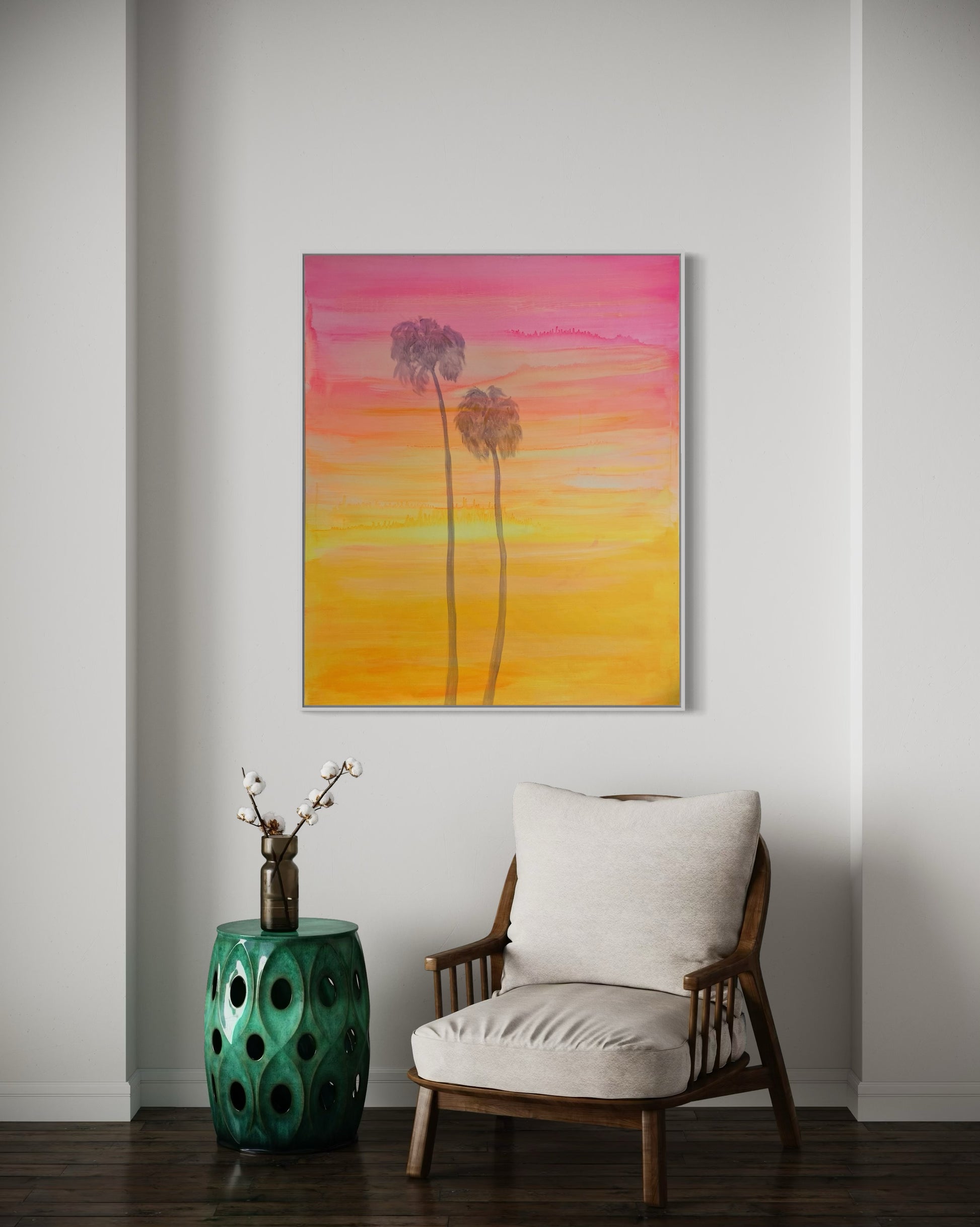 Printumo Breeze On The Boulevard canvas print featuring a vibrant urban street scene with trees and colorful buildings.