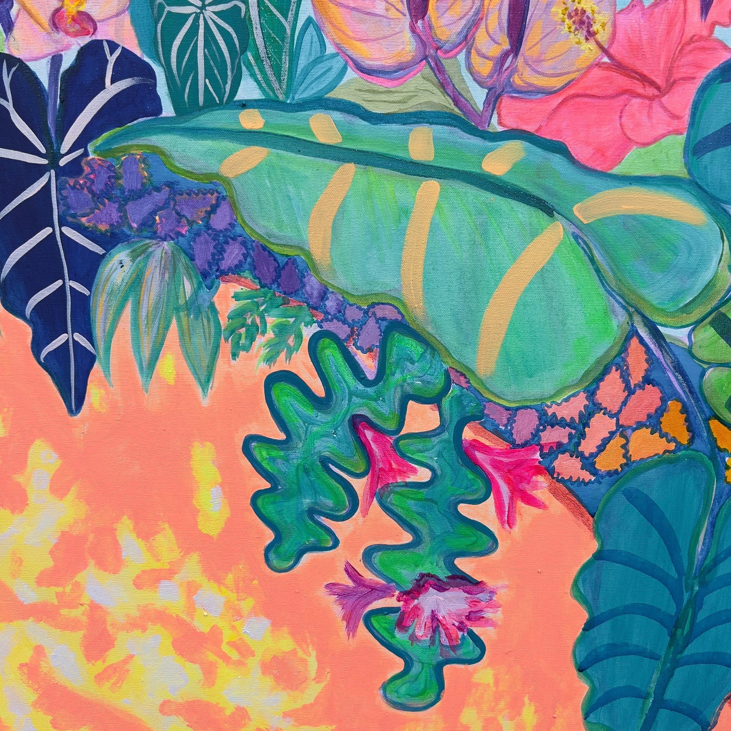 Kathryn Sillince artist's 'Paradise Gardens' 122cm x 122cm art print showing vibrant garden scene with lush foliage and colorful flowers.