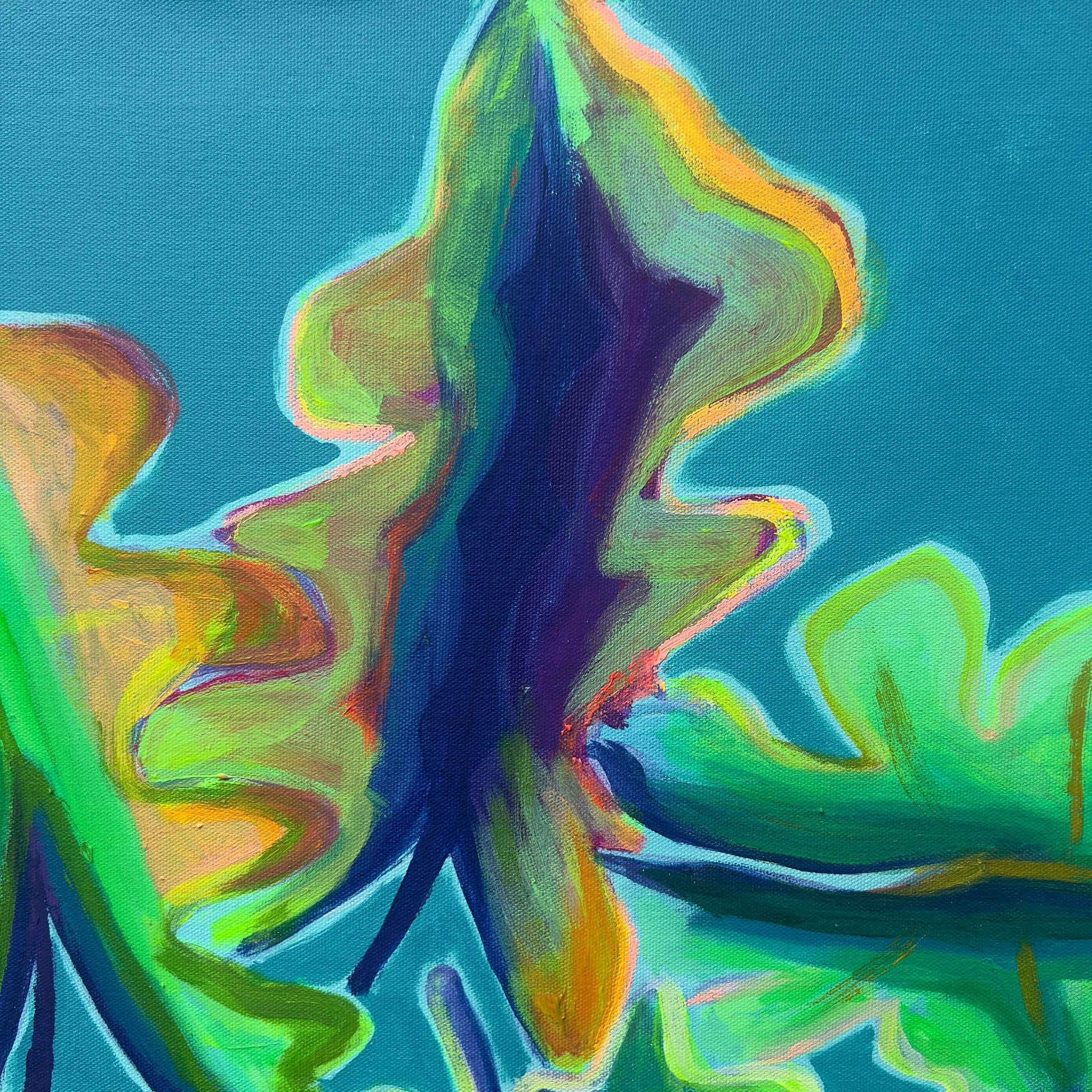 Alocasia study featuring turquoise and emerald leaves, 66cm by 71cm, by Kathryn Sillince artist, showcasing botanical artwork.