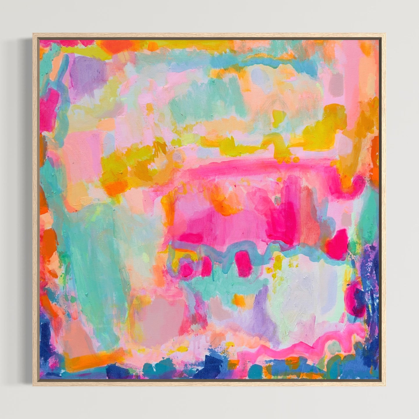 Summer Loving artwork by Kathryn Sillince, 80cm x 80cm abstract painting featuring vibrant colors and floral elements.