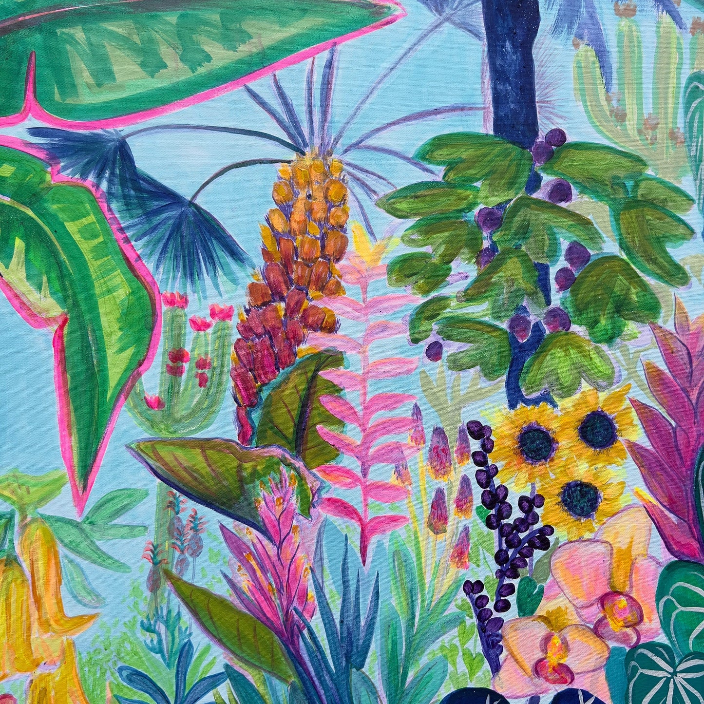 Kathryn Sillince Artist Paradise Gardens 122cm x 122cm artwork showcasing vibrant floral and garden scene.