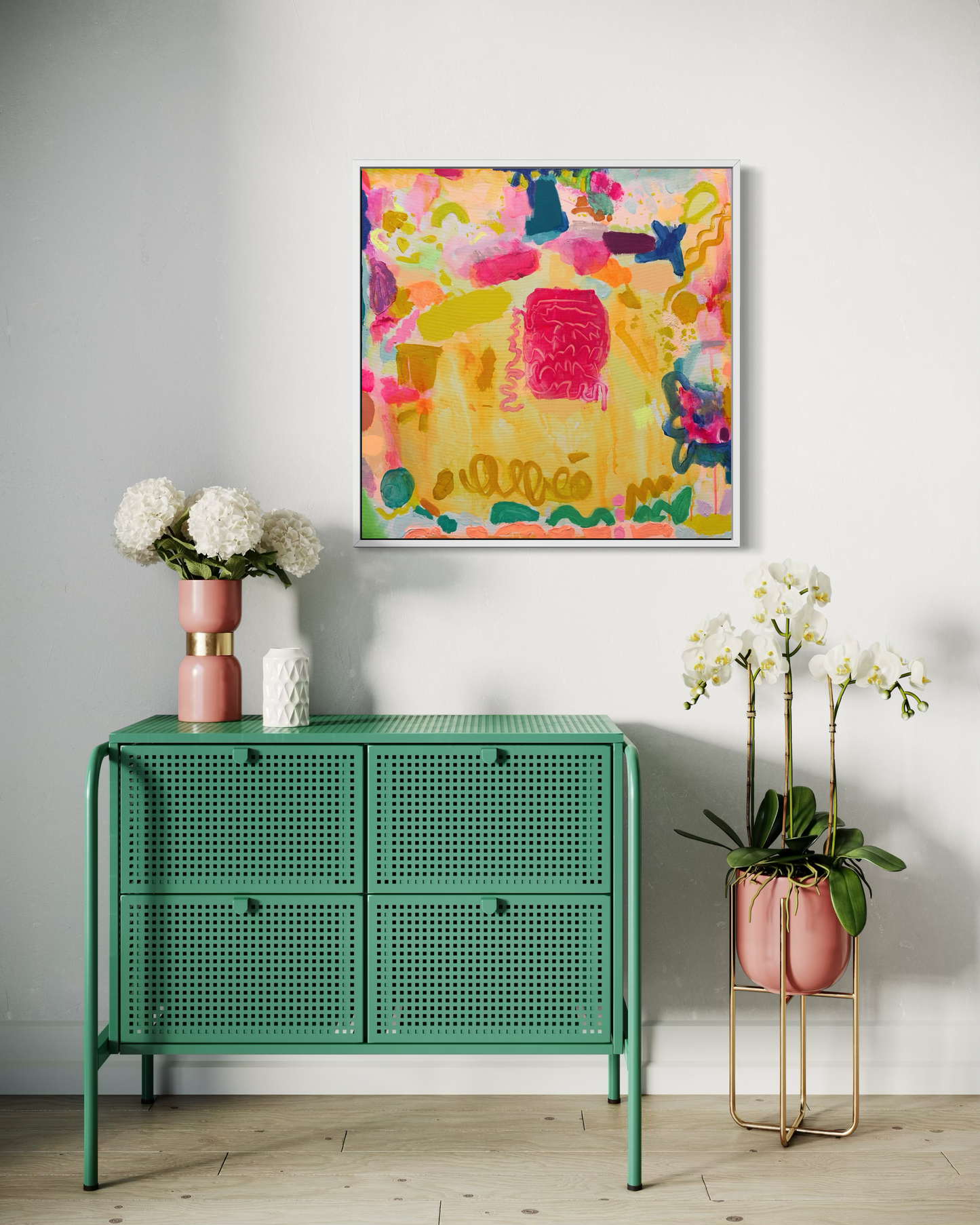 Colorful abstract art print titled 'Sweeties' by Kathryn Sillince, measuring 61cm by 61cm, with vibrant, textured brushstrokes.