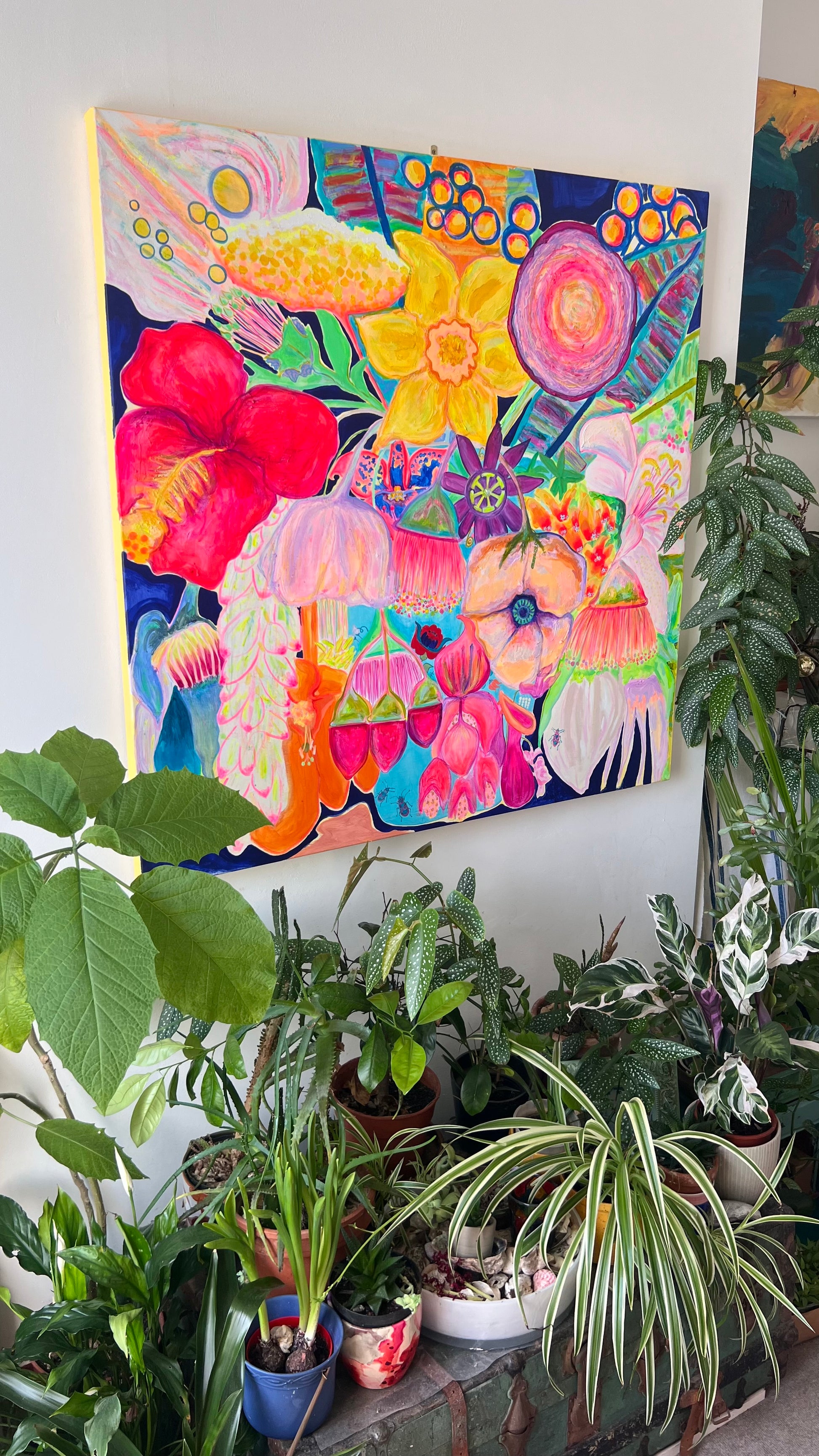Large floral artwork titled "The Impossible Bouquet" by Kathryn Sillince Artist, featuring vibrant, abstract flower arrangements.