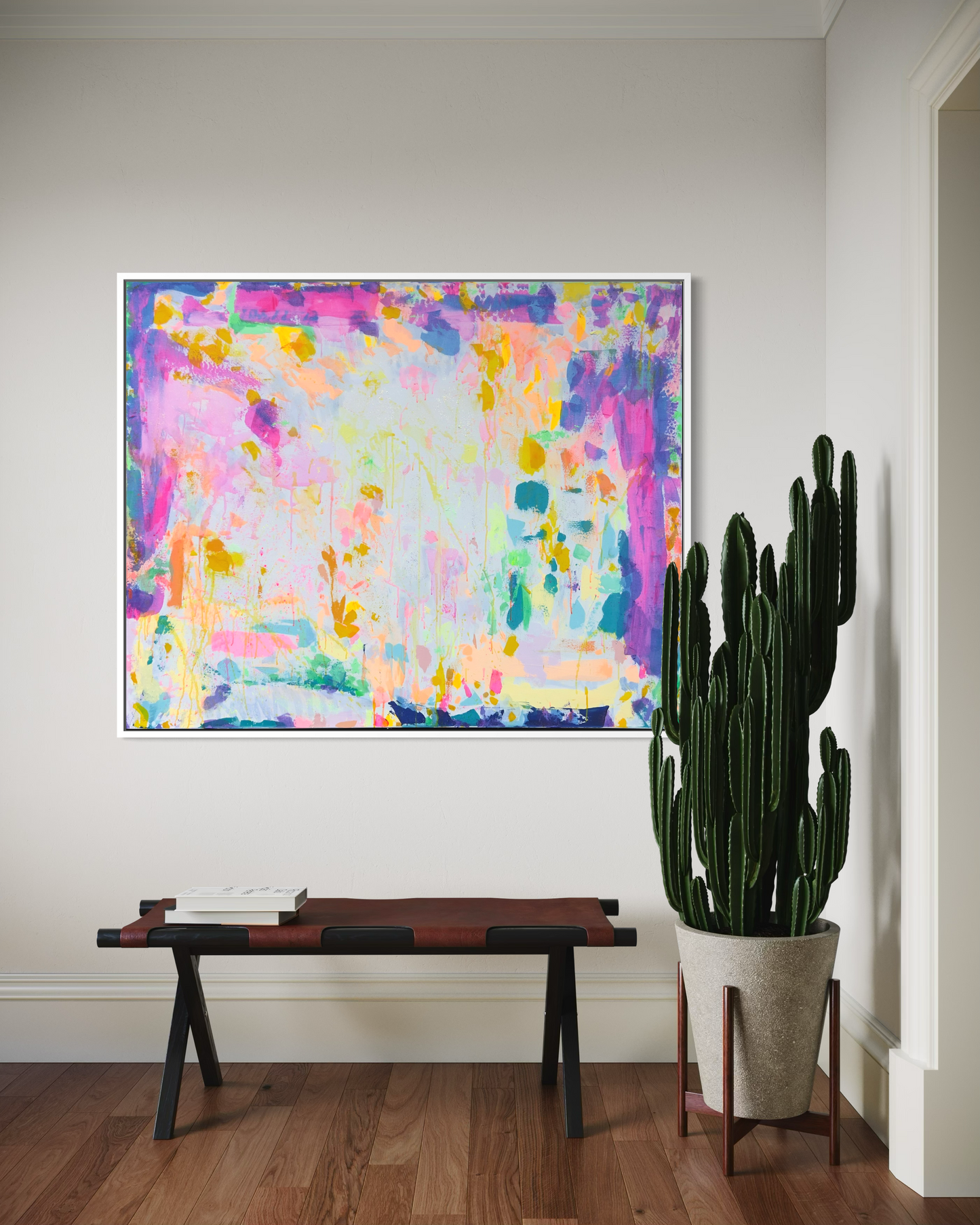 Large artwork titled "Eternal Optimism" by Kathryn Sillince, measuring 153cm x 123cm, featuring vibrant abstract colors and textures.