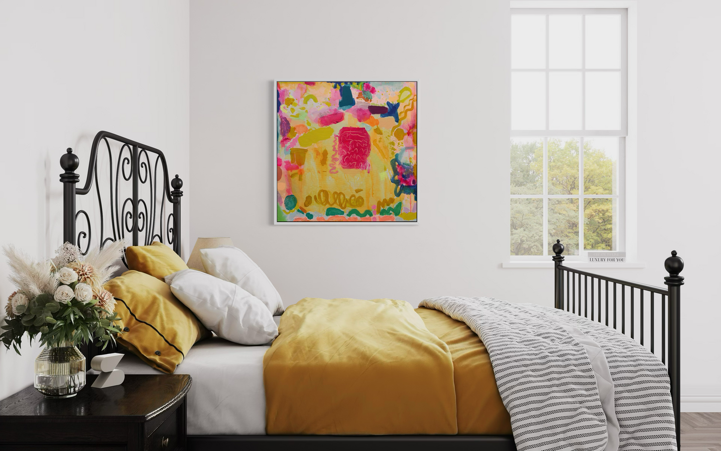 Colorful abstract artwork titled ‘Sweeties’ by Kathryn Sillince, measuring 61cm x 61cm, featuring vibrant shapes and textures.