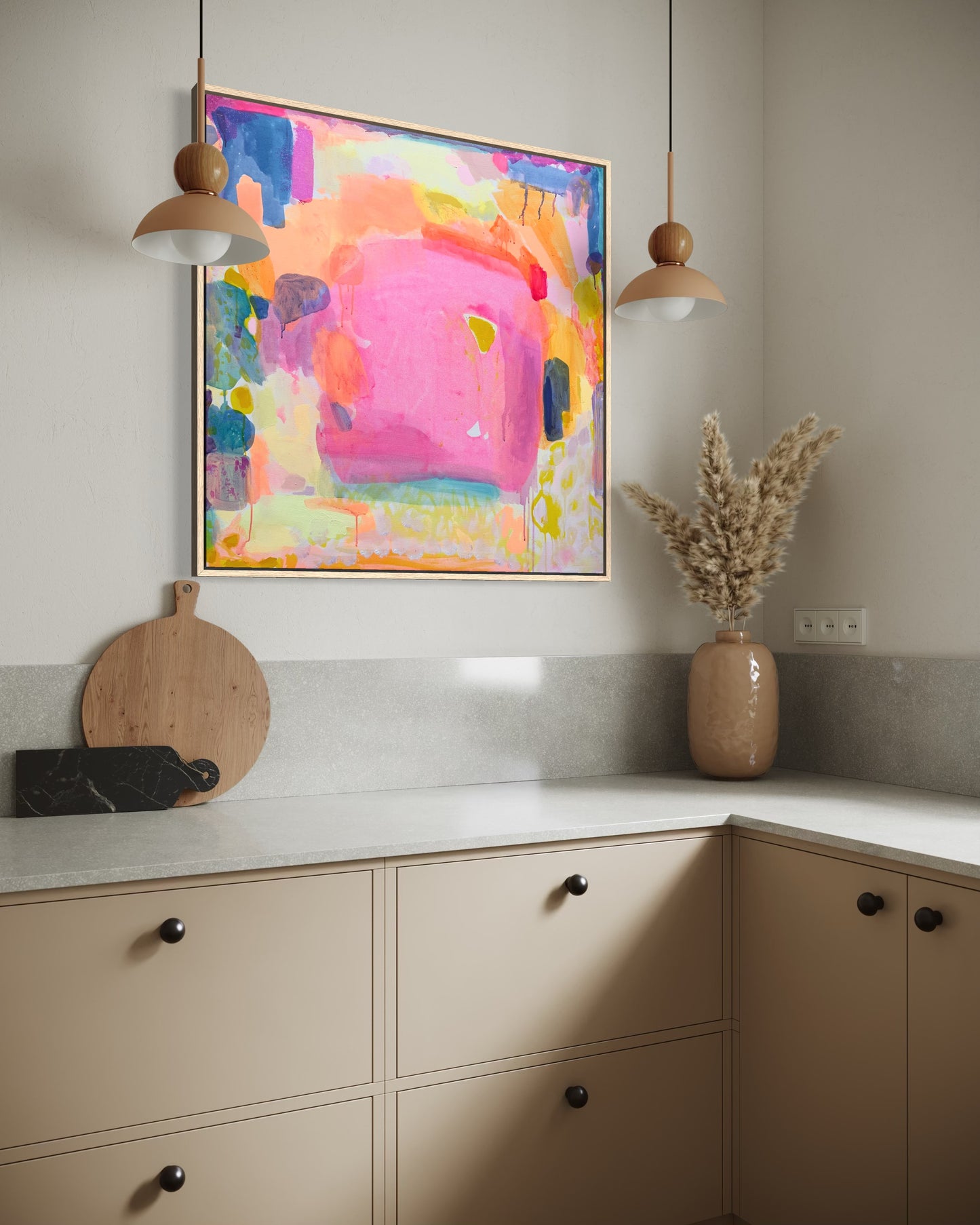 Kathryn Sillince Artist's 92cm x 92cm artwork titled ‘A Beautiful Demeanour’ featuring vibrant abstract brushstrokes and rich textures.