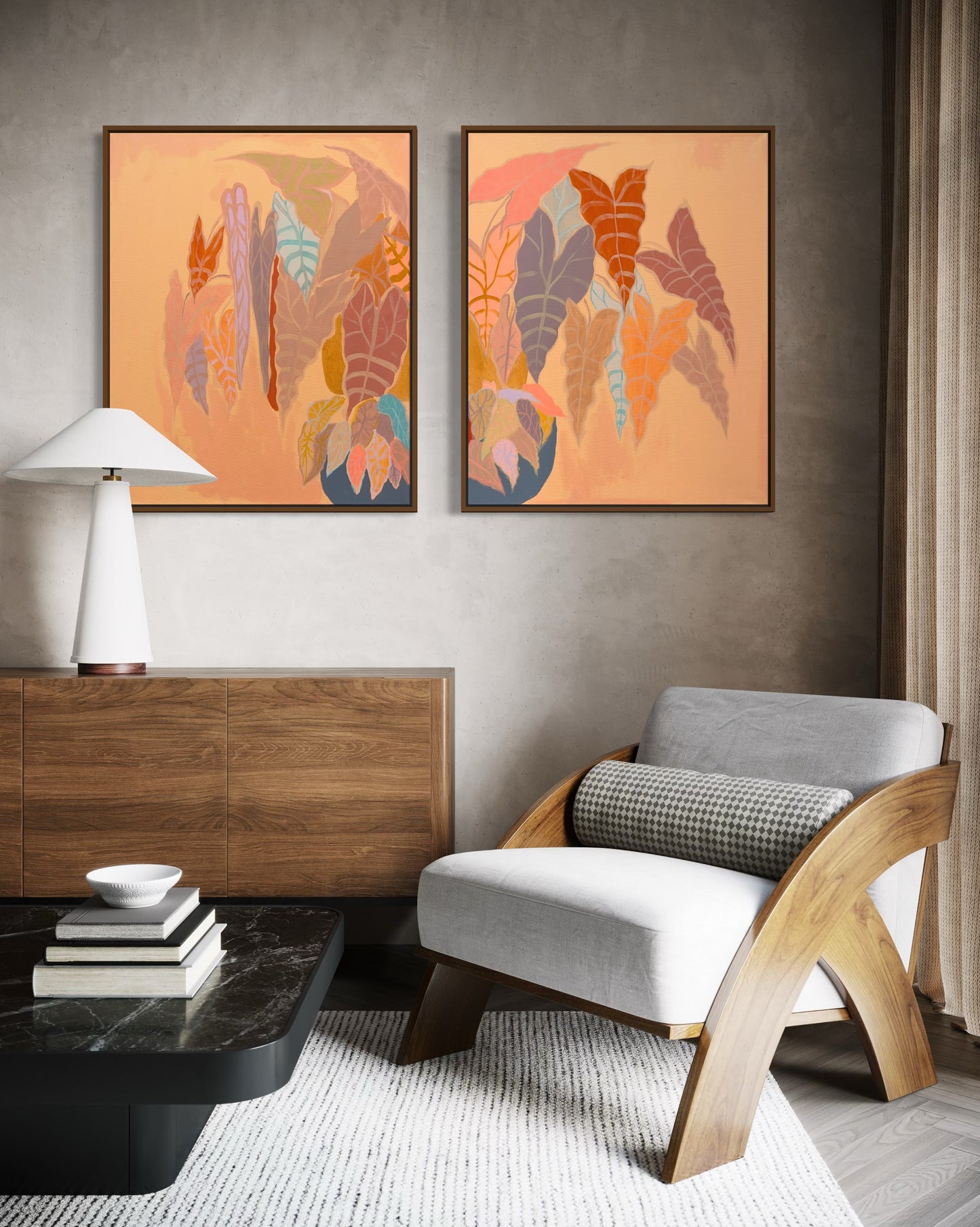 Burnt coral Alocasia and begonia diptych artwork by Kathryn Sillince, 83cm x 67cm, featuring vibrant botanical illustrations.