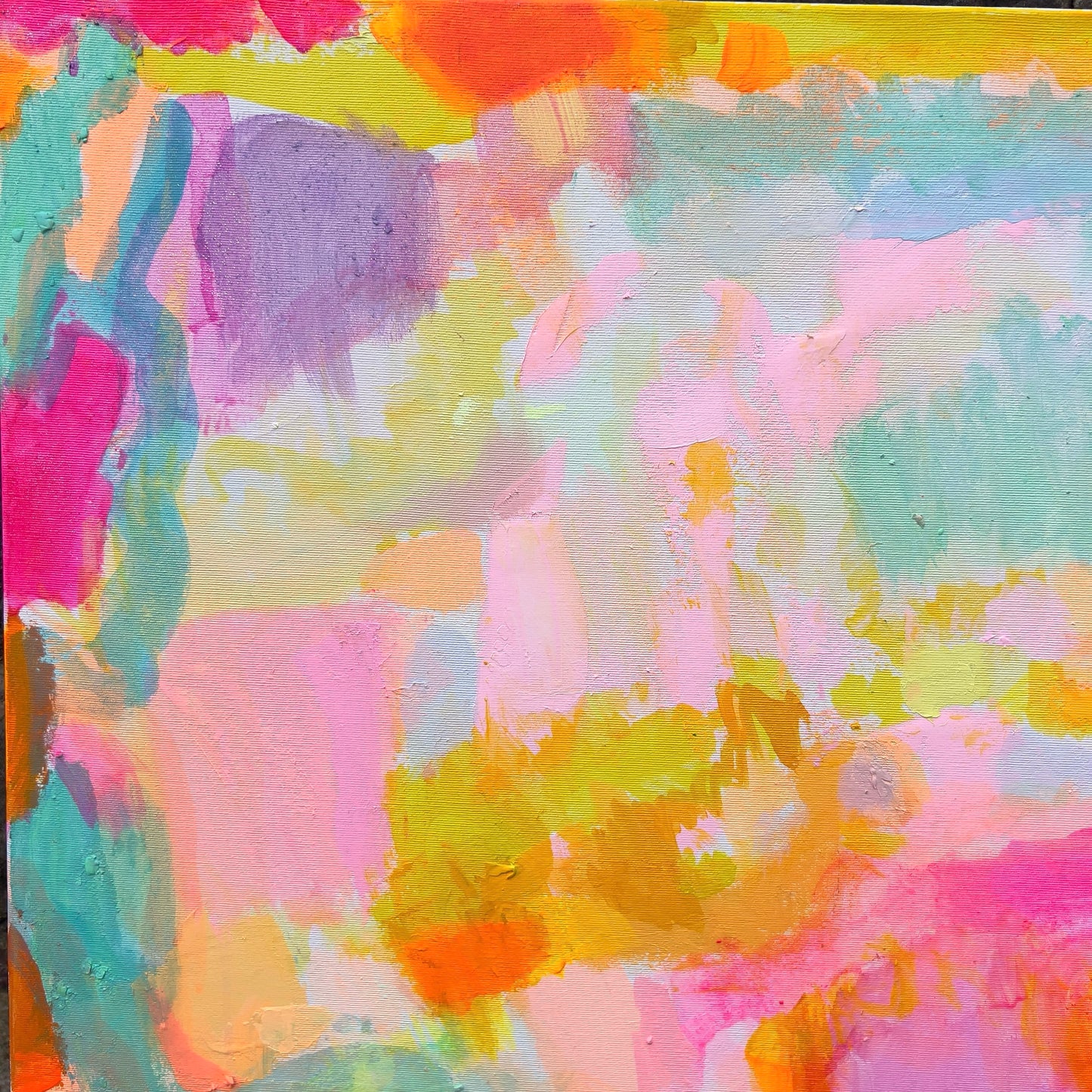 Kathryn Sillince Artist 'Summer Loving' 80cm x 80cm abstract floral artwork on canvas with vibrant colors.