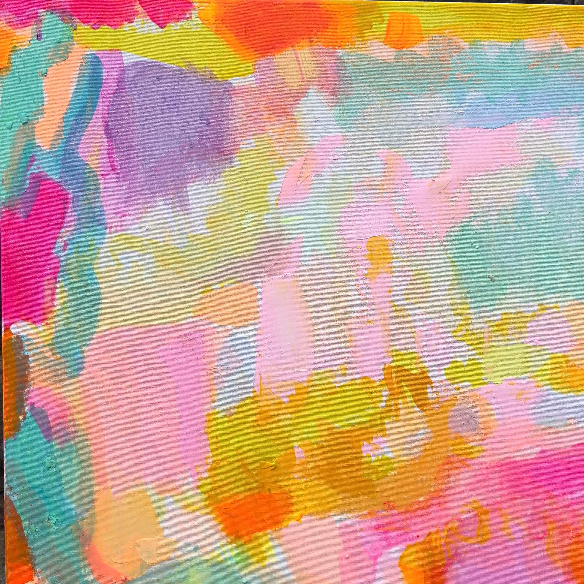 Kathryn Sillince Artist 'Summer Loving' 80cm x 80cm abstract floral artwork on canvas with vibrant colors.