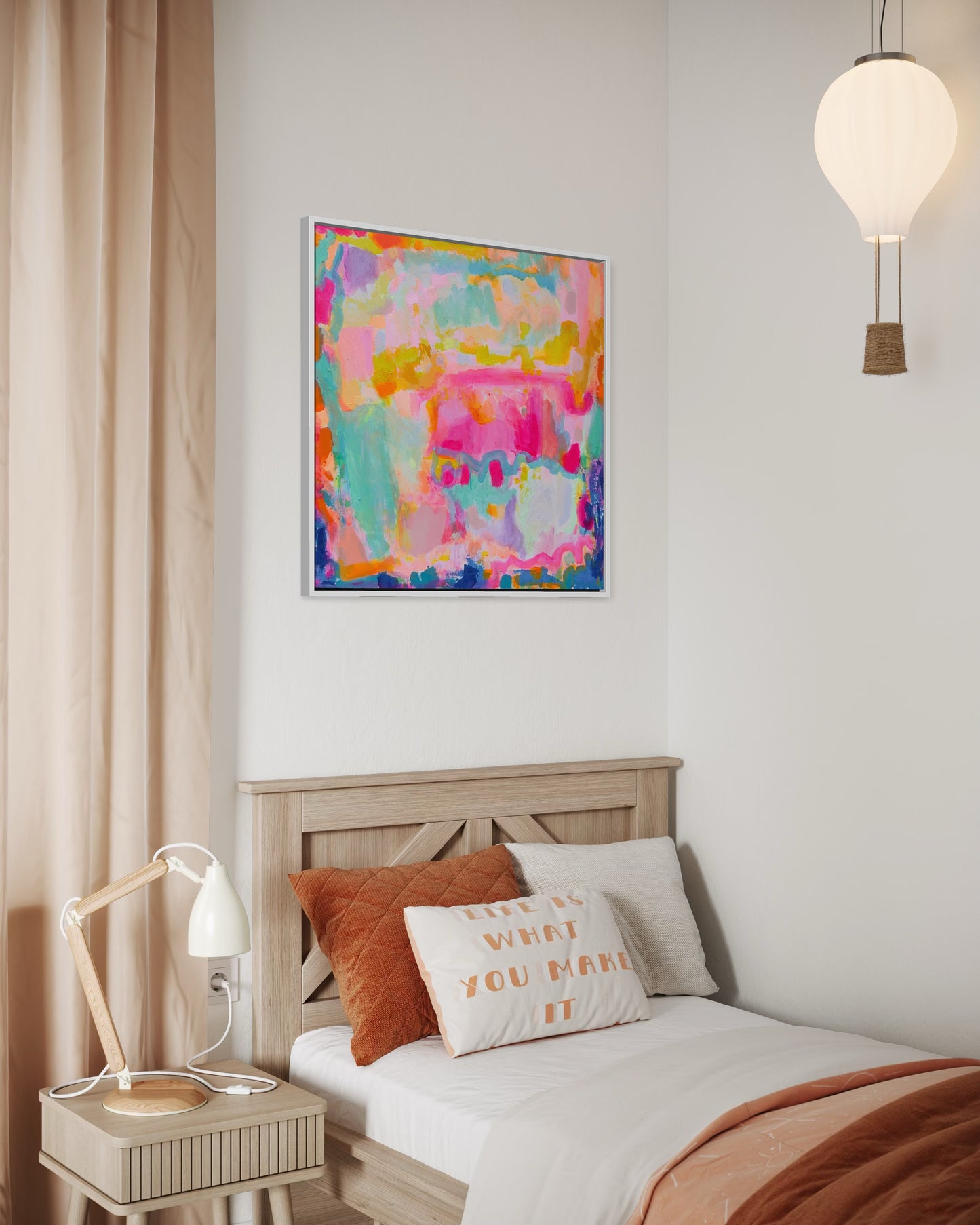 Summer Loving artwork by Kathryn Sillince Artist, 80cm x 80cm abstract painting with vibrant colors and floral design.