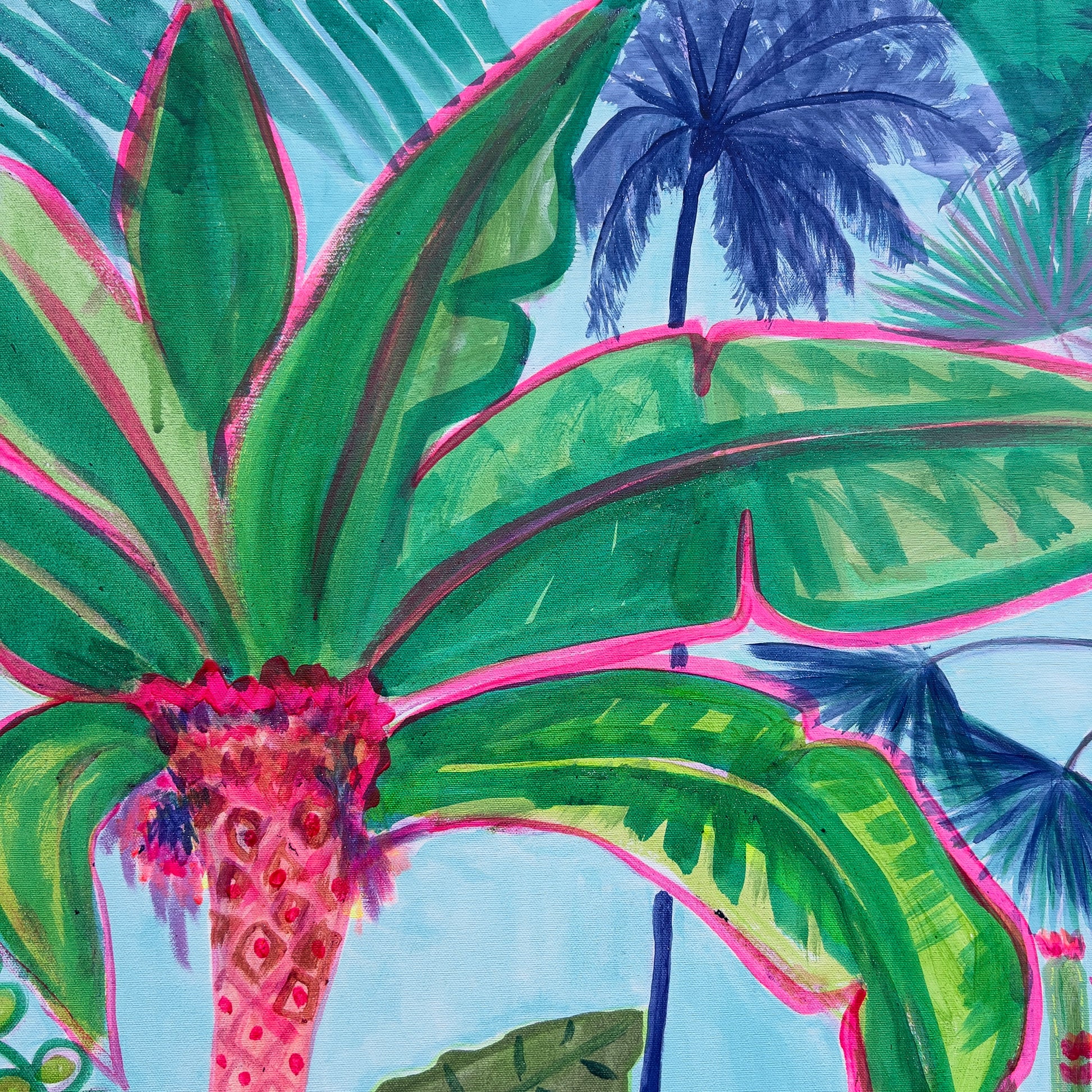 Kathryn Sillince Artist Paradise Gardens framed artwork, 122cm x 122cm, featuring vibrant floral and garden scene with colorful details.
