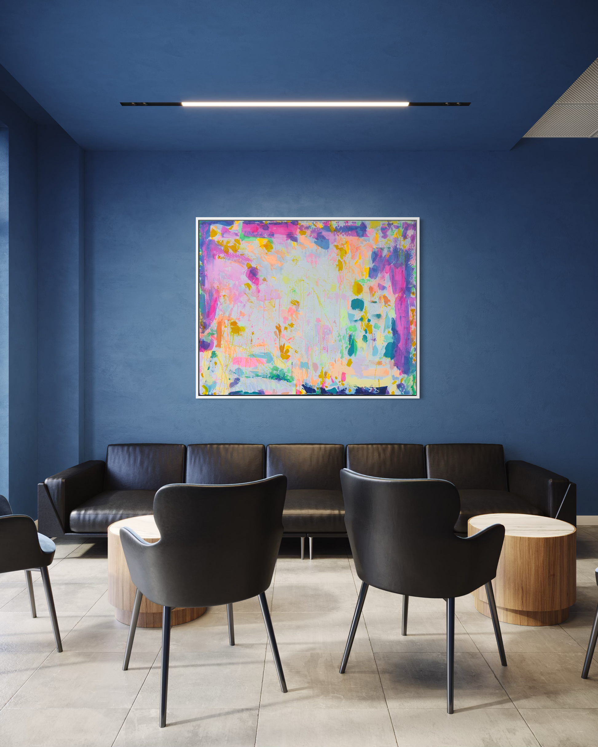 Large 'Eternal Optimism' artwork by Kathryn Sillince, 153cm x 123cm, showcasing vibrant colors and abstract design.