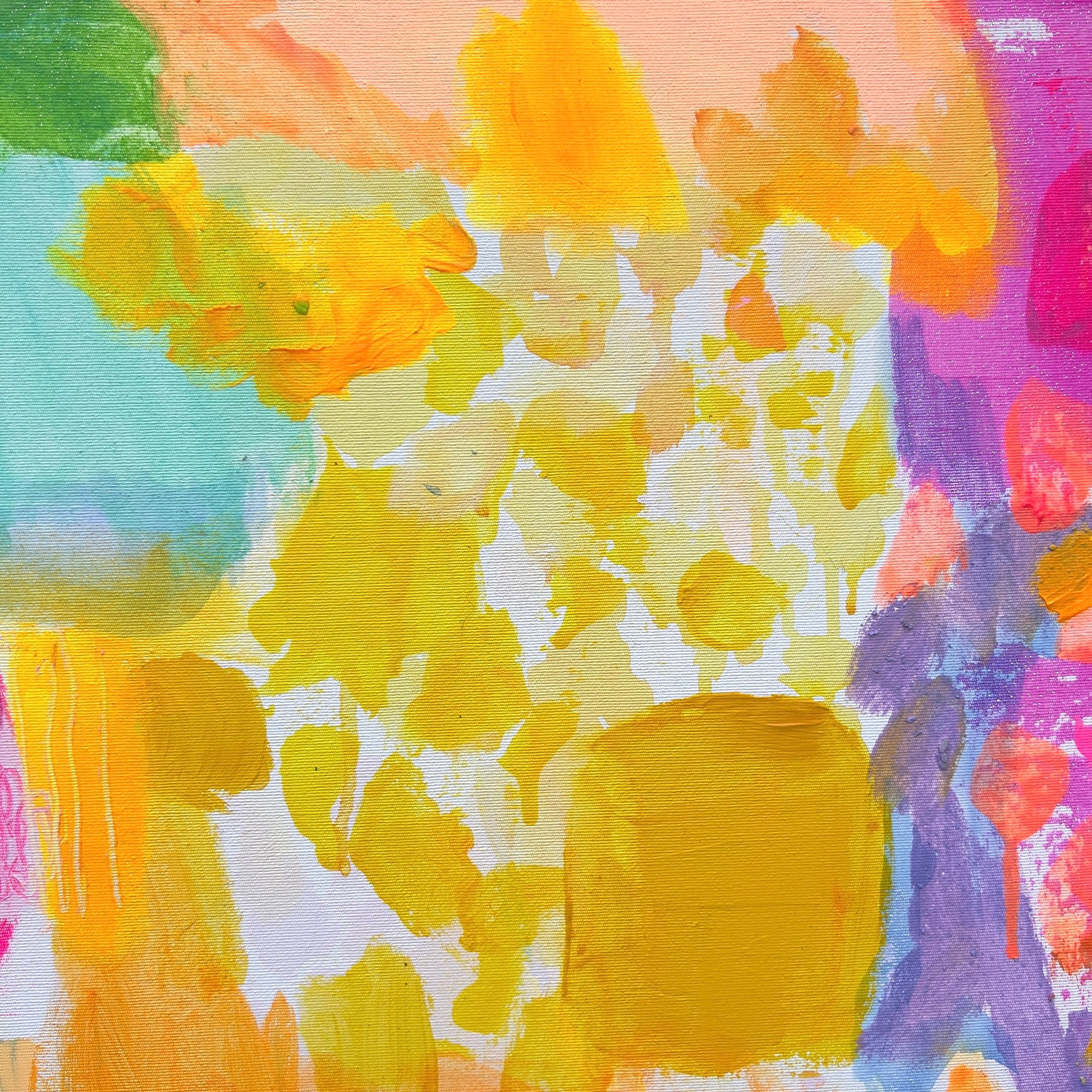 Abstract summer-themed artwork by Kathryn Sillince, 80cm x 80cm, featuring vibrant colors and textured brushstrokes.
