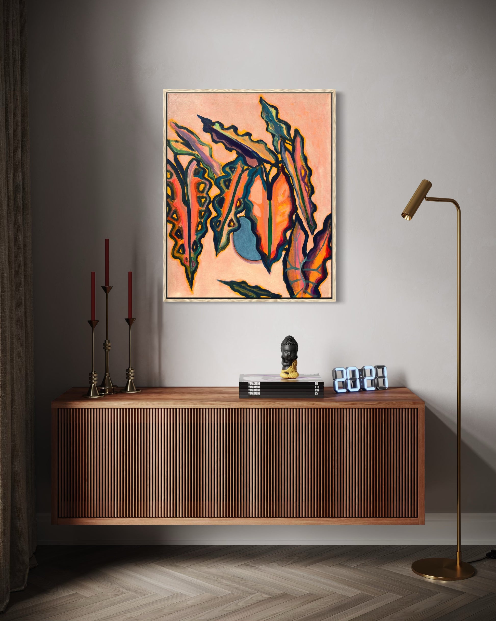 Kathryn Sillince Artist Alocasia Study artwork, 66cm x 82cm, featuring detailed botanical illustration of Alocasia plant leaves.