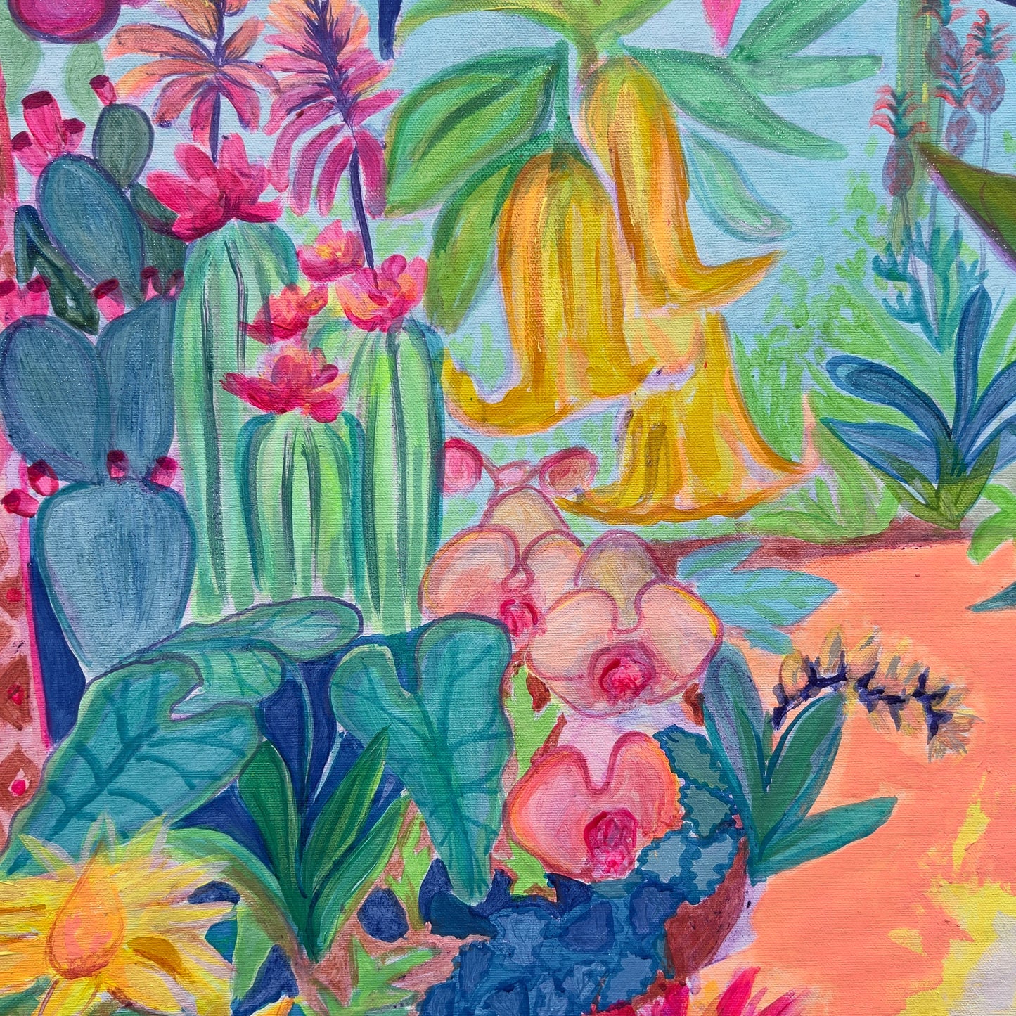 Kathryn Sillince's 'Paradise Gardens' 122cm x 122cm art print featuring vibrant, detailed floral and garden scenes.