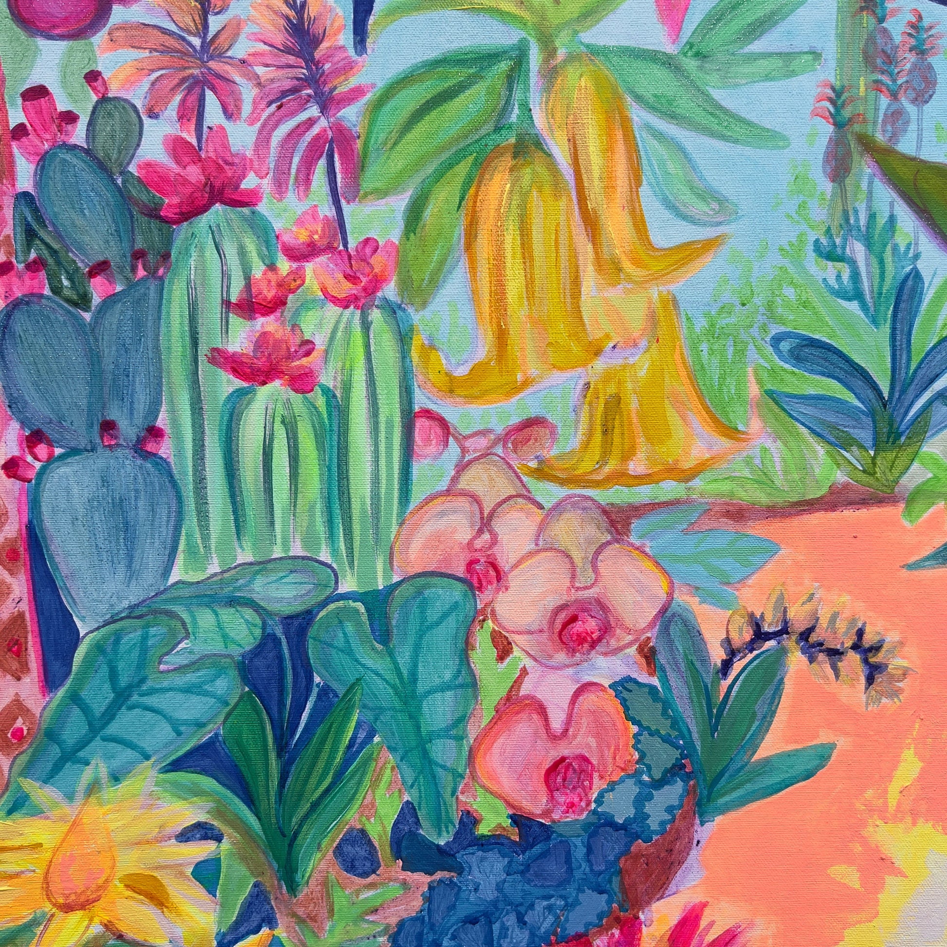 Kathryn Sillince's 'Paradise Gardens' 122cm x 122cm art print featuring vibrant, detailed floral and garden scenes.