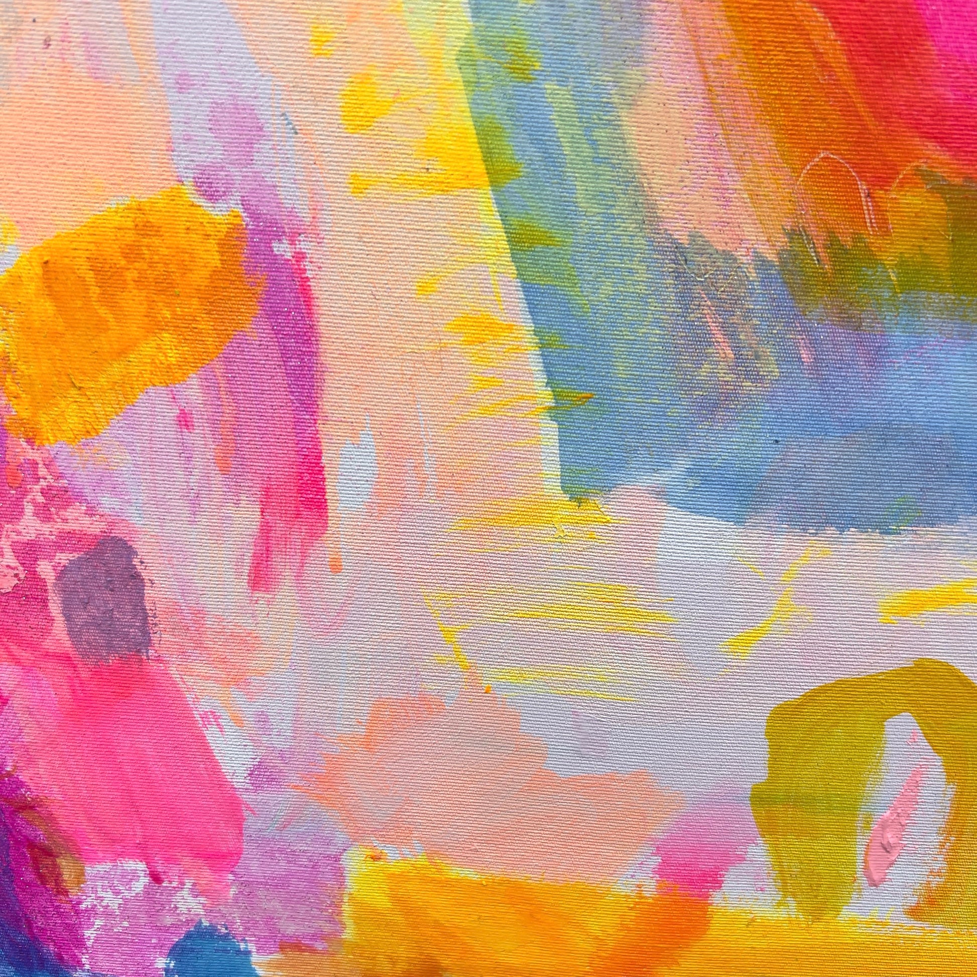 Colorful abstract artwork titled "Zenith of Summer" by Kathryn Sillince, measuring 80cm by 80cm, featuring vibrant brushstrokes.