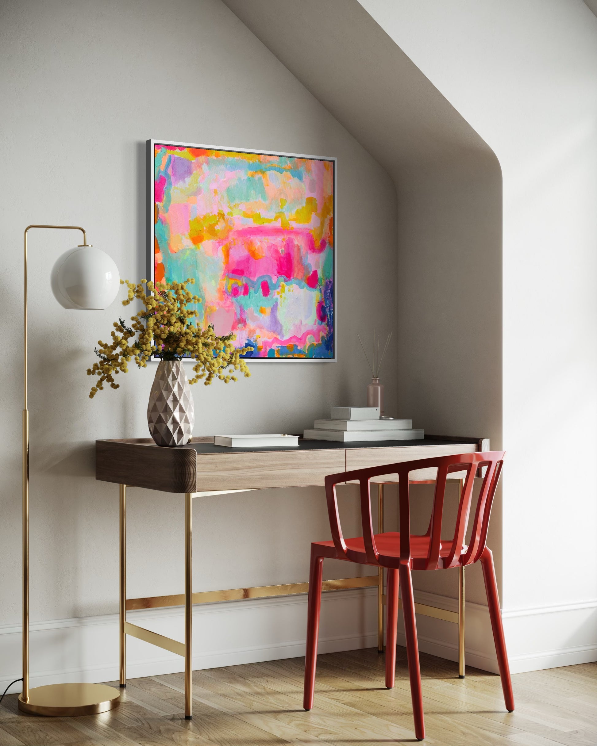 Kathryn Sillince Artist Summer Loving 80cm x 80cm colorful abstract artwork on canvas showing vibrant brushstrokes and warm tones.