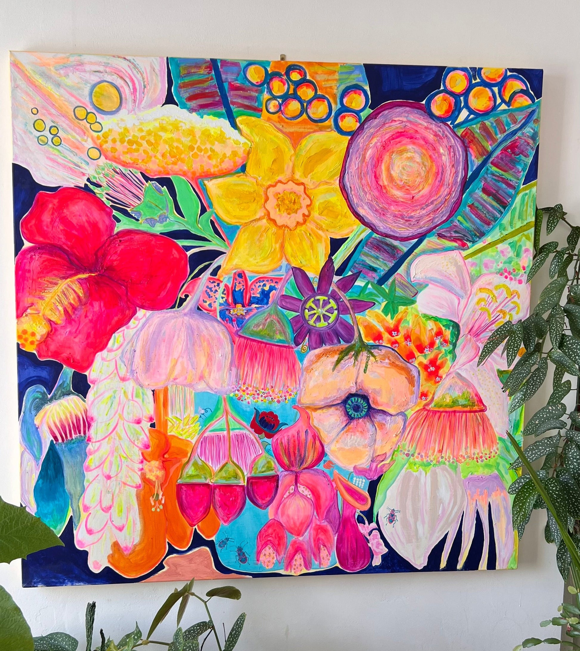 Close-up of "The Impossible Bouquet" artwork by Kathryn Sillince Artist, showcasing vibrant floral patterns and intricate details.