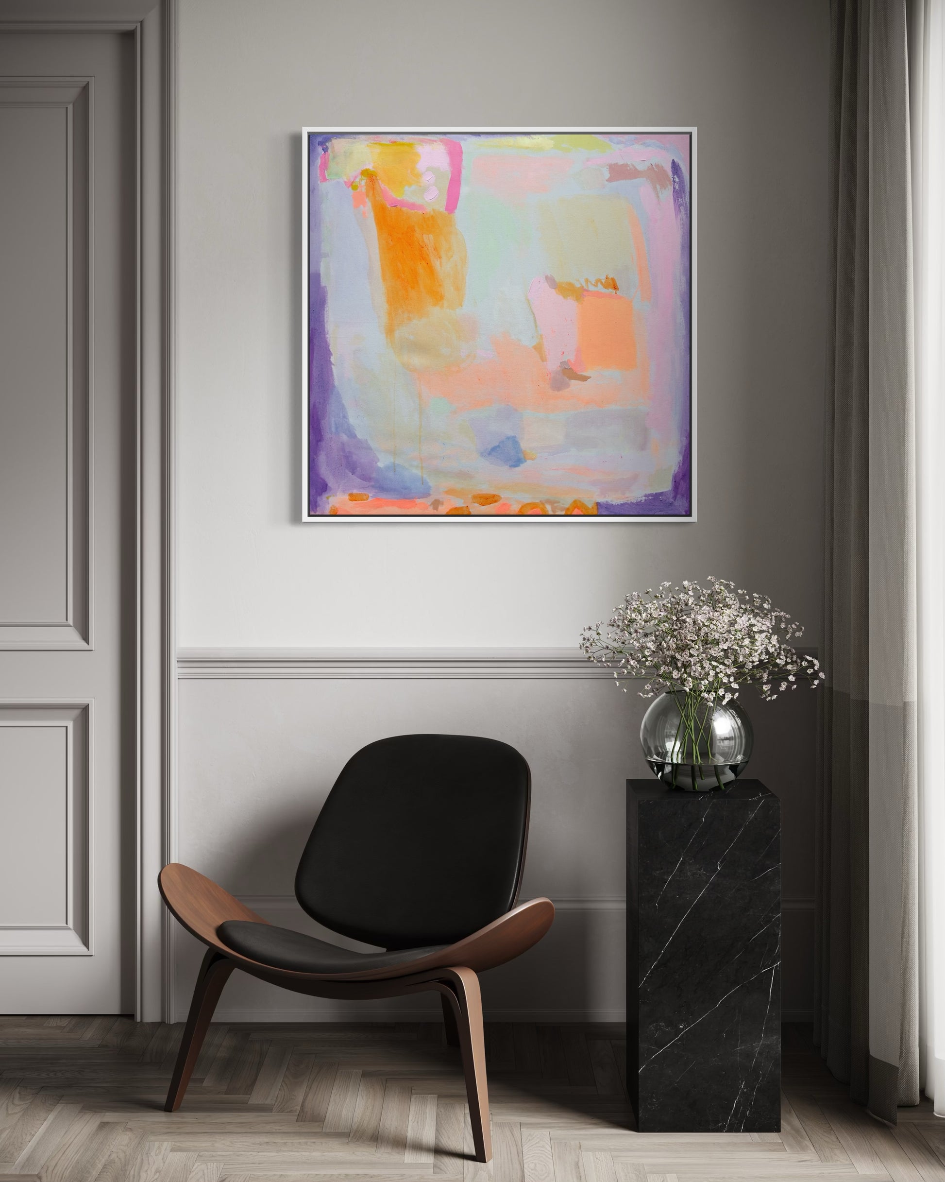 Abstract orange and purple haze artwork by Kathryn Sillince, 92cm x 92cm, showcasing vibrant, swirling colors on canvas.