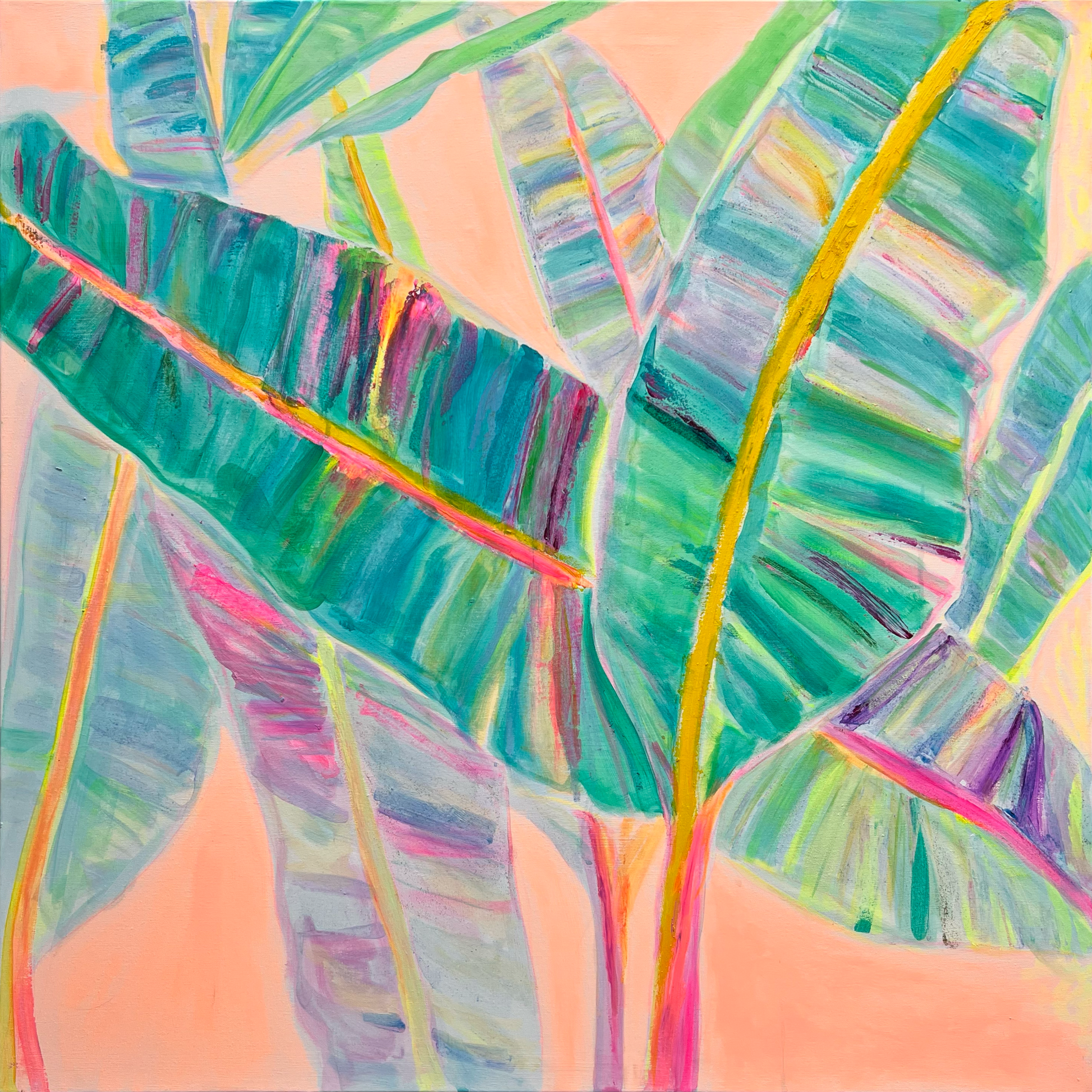 Colorful rainbow banana leaves paper print by Kathryn Sillince Artist, featuring vibrant tropical leaf artwork.