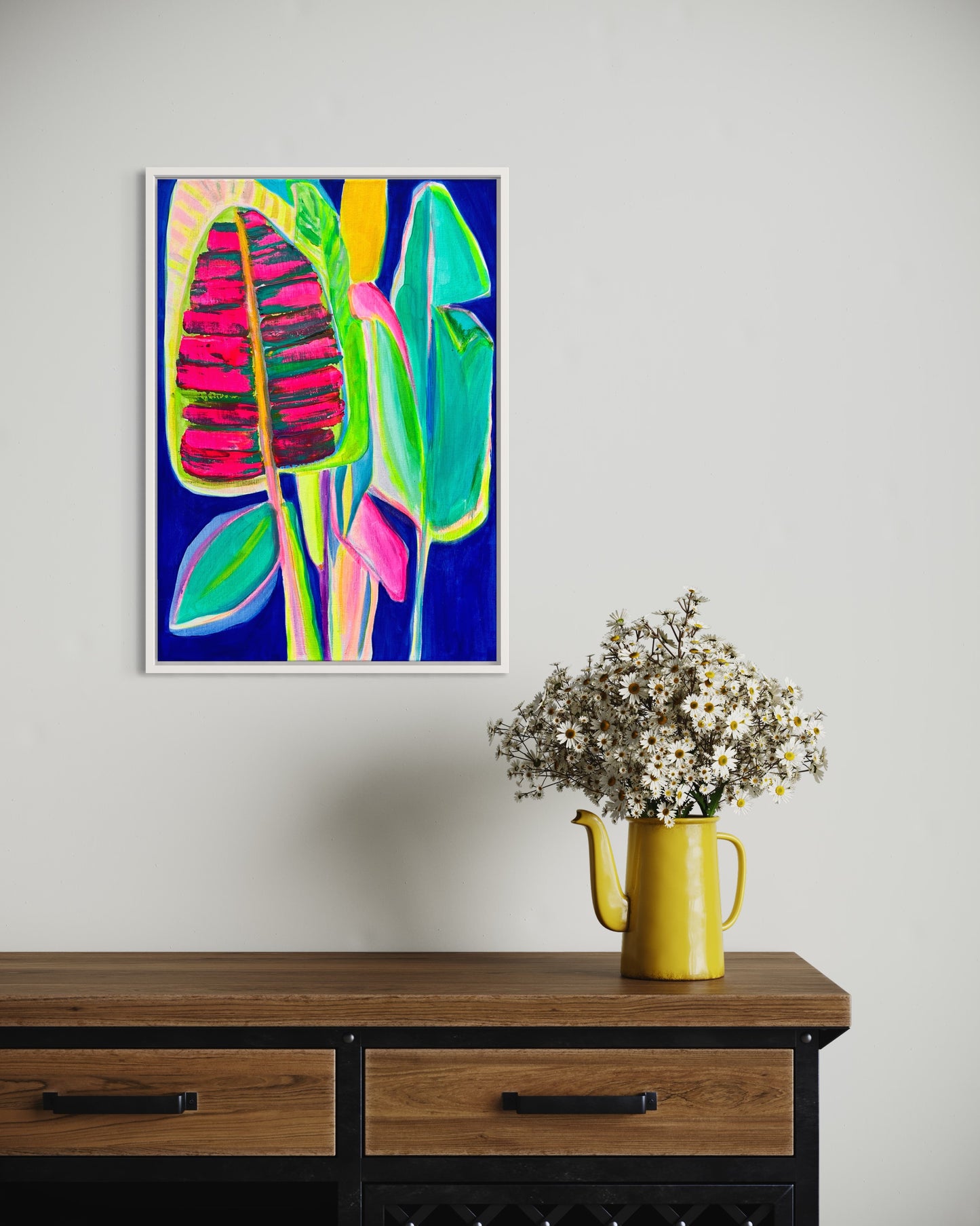 Colorful Banana Blue canvas print by Printumo featuring vibrant blue and yellow banana illustrations on high-quality canvas.