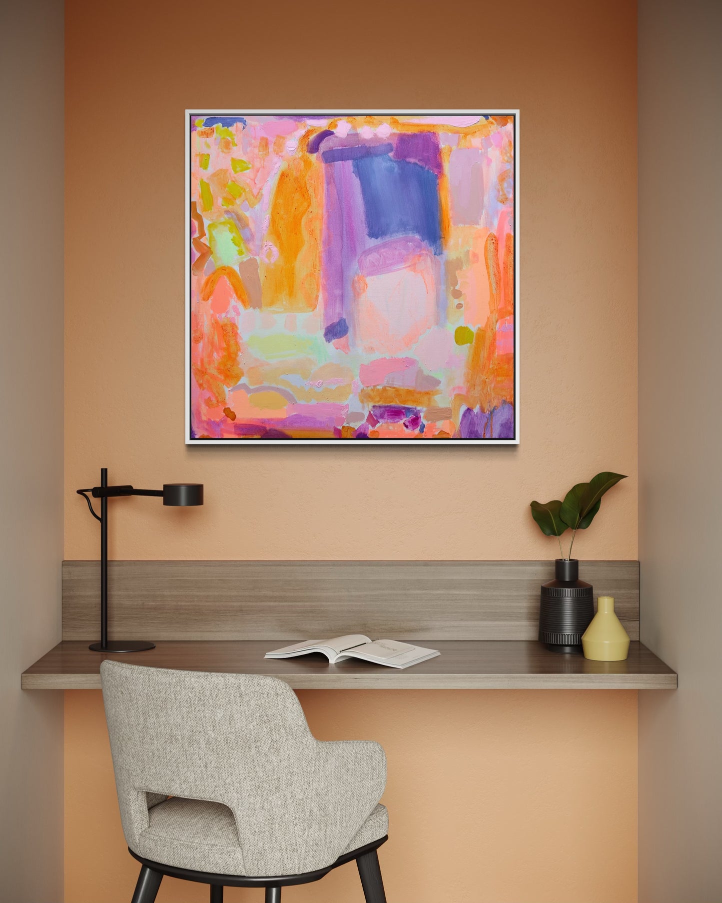 Abstract energy-inspired artwork by Kathryn Sillince, 90cm x 90cm canvas with vibrant, dynamic colors and textured brushstrokes.