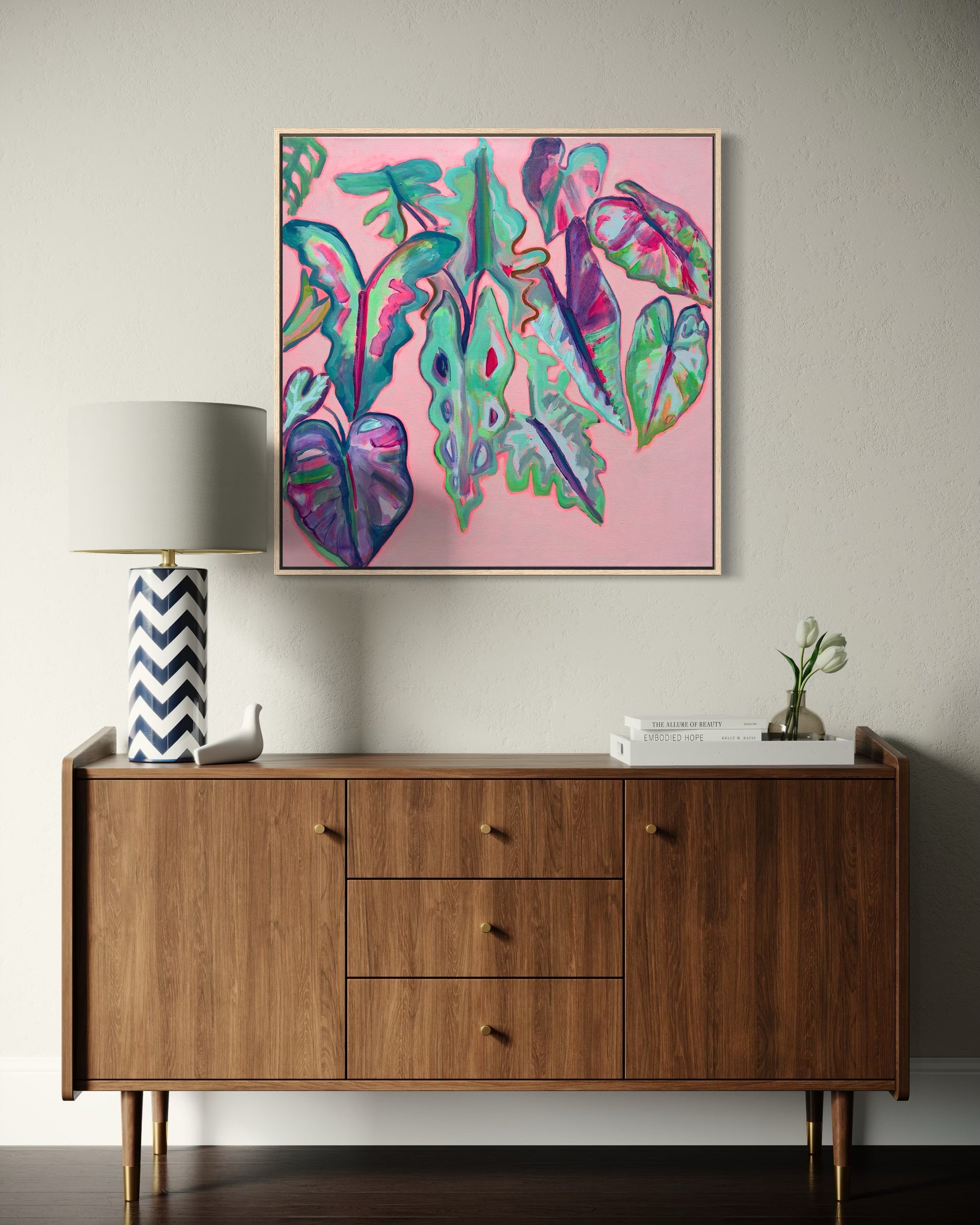Alocasia Study III artwork by Kathryn Sillince, 82cm x 82cm, featuring detailed botanical illustration of Alocasia plant.