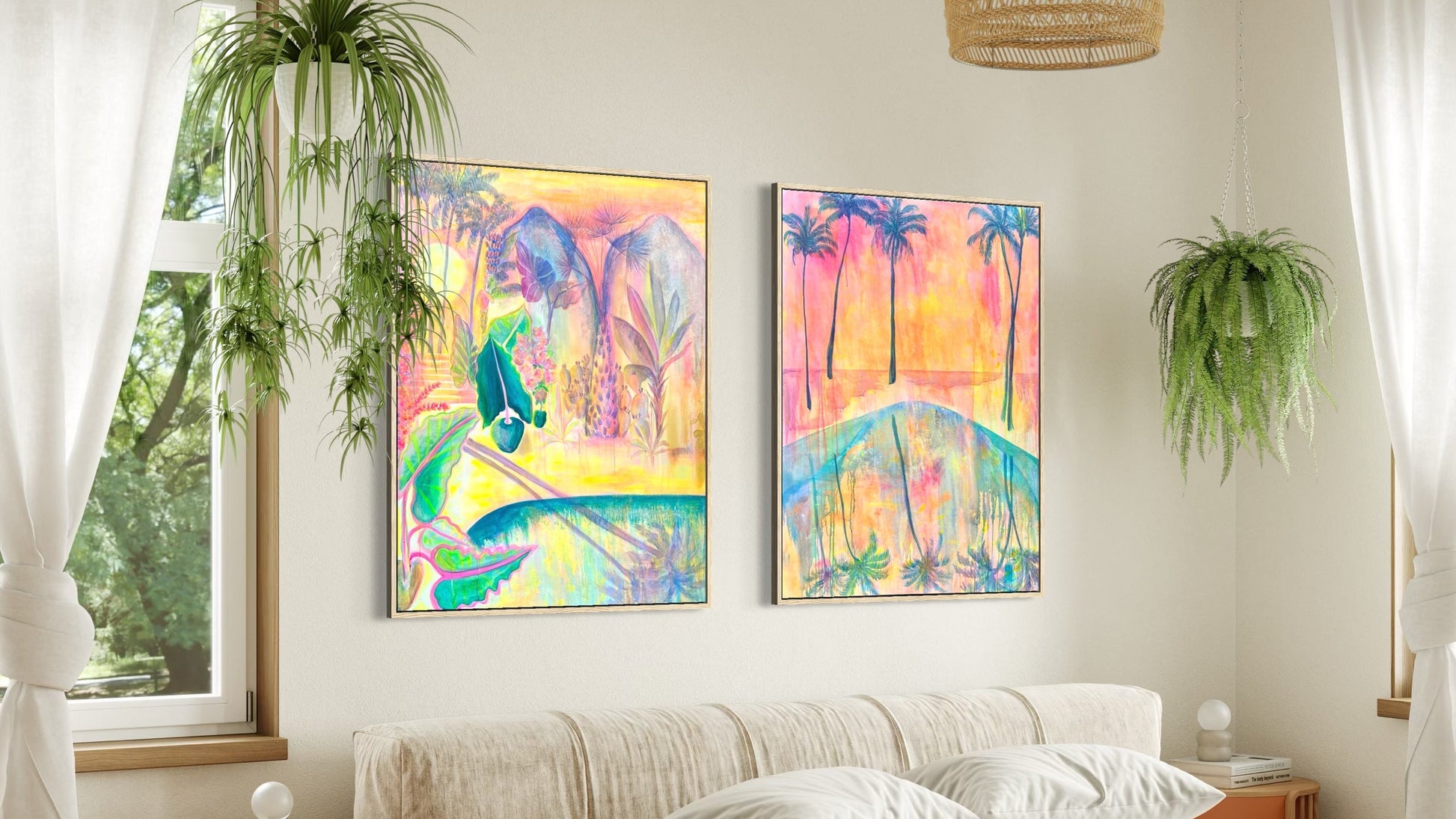 Tropical print set by Kathryn Sillince, featuring 'Twilight Tropics' and 'Swaying Into Sunset' with vibrant tropical foliage designs.