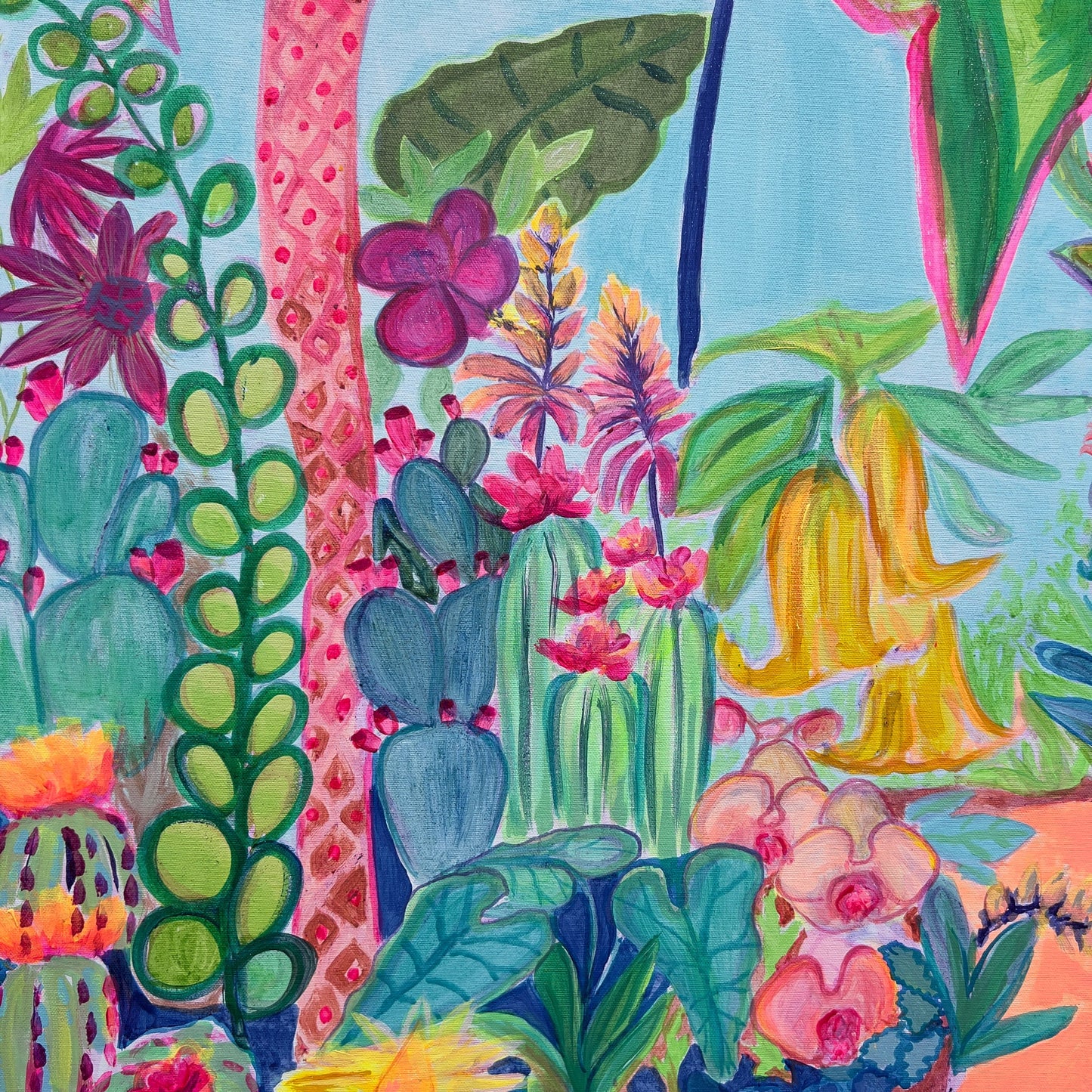 Close-up of the vibrant, detailed floral artwork from Kathryn Sillince's Paradise Gardens painting, measuring 122cm by 122cm.